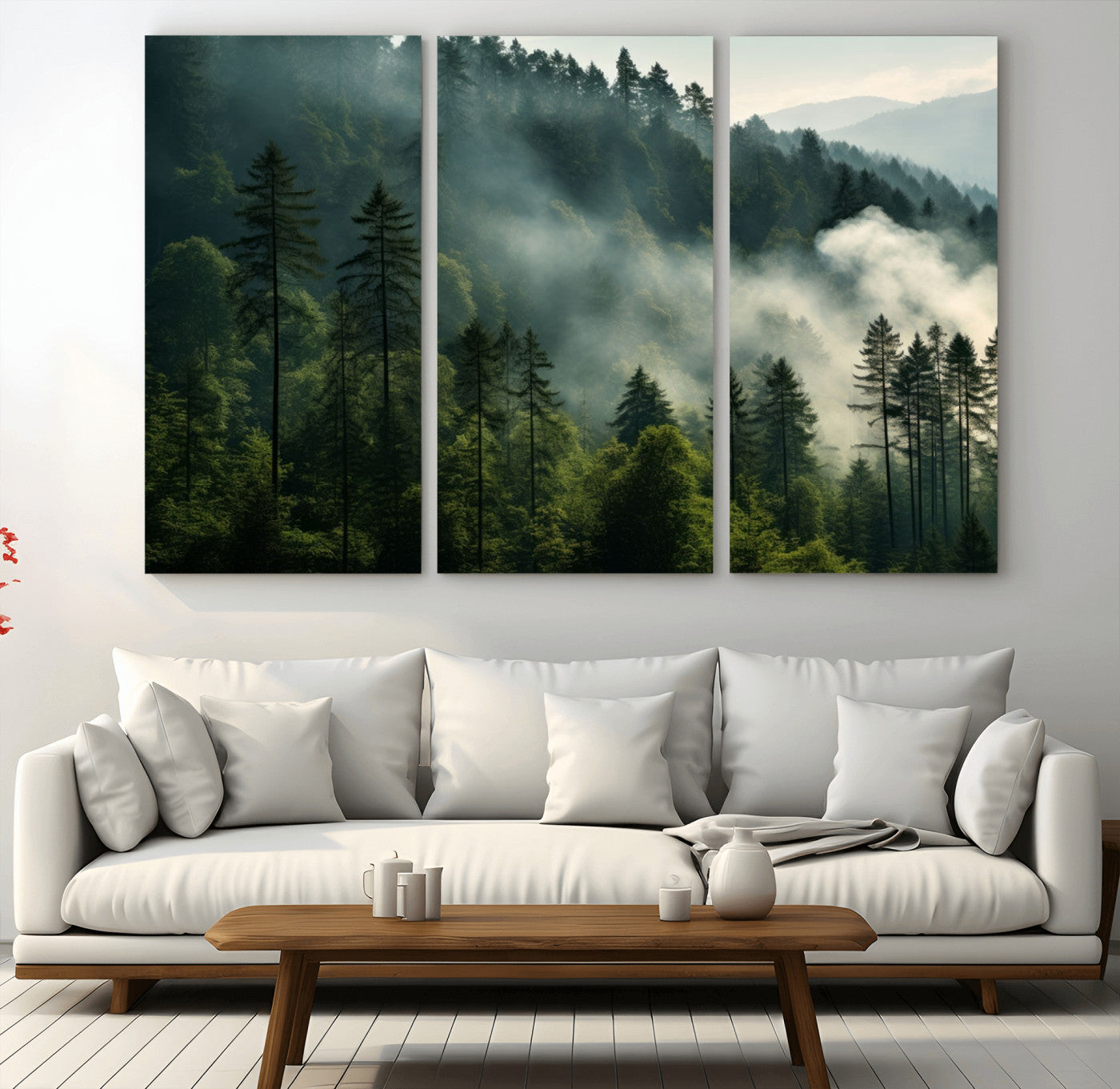 MGV-CV-48X32-3P - Misty Forest Wall Art Premium Canvas Print a Foggy and Serene Atmosphere