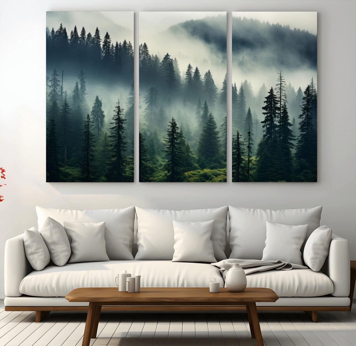 48606-MGV-CV-48X32-3P-Captivating Misty Forest Wall Art Premium Canvas Print a Foggy and Serene Atmosphere