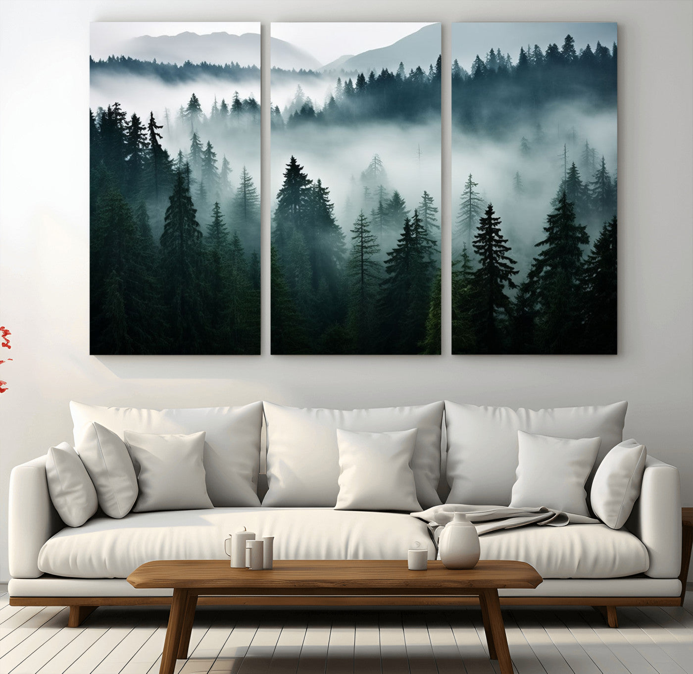 MGV-CV-48X32-3P - Captivating Misty Forest Wall Art Canvas, Premium Canvas Print a Foggy and Serene Atmosphere