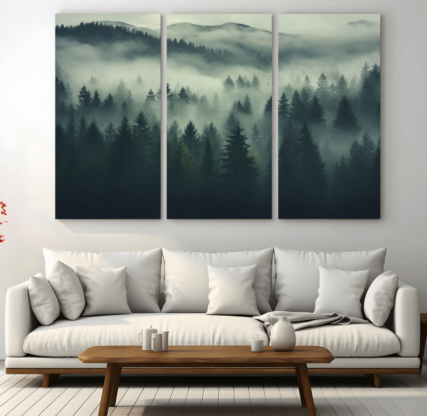 76456-MGV-CV-48X32-3P-Misty Forest Wall Art Premium Canvas Print a Foggy and Serene Atmosphere