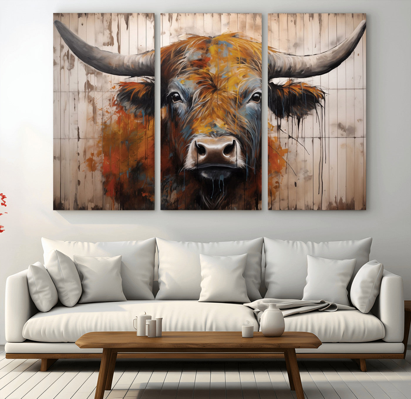MGV-CV-48X32-3P - Abstract Bull Highland Cow Canvas Wall Art Print – Vibrant Rustic Charm in Modern Farmhouse Decor –