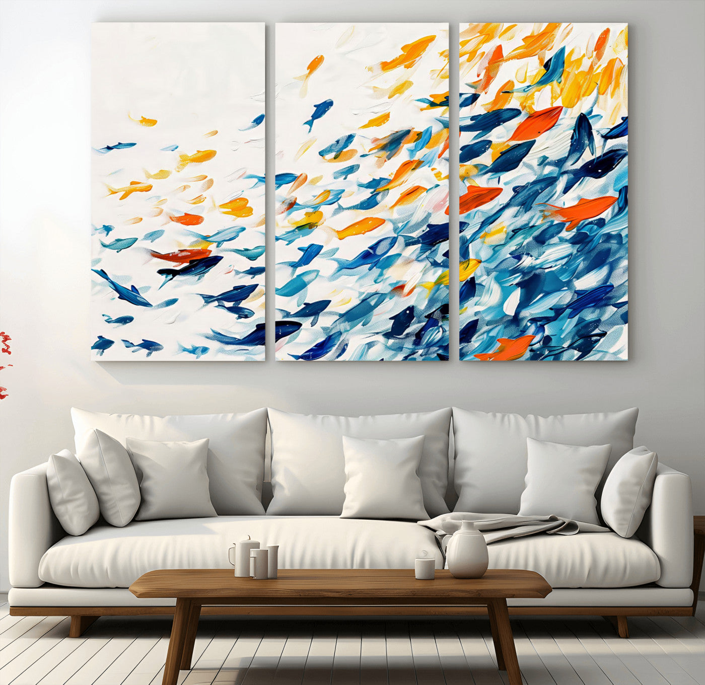 MGV-CV-48X32-3P - Abstract Fish Shoal Wall Art Canvas Print, Colorful Fish Herd Painting on Canvas Print, Ocean Animal