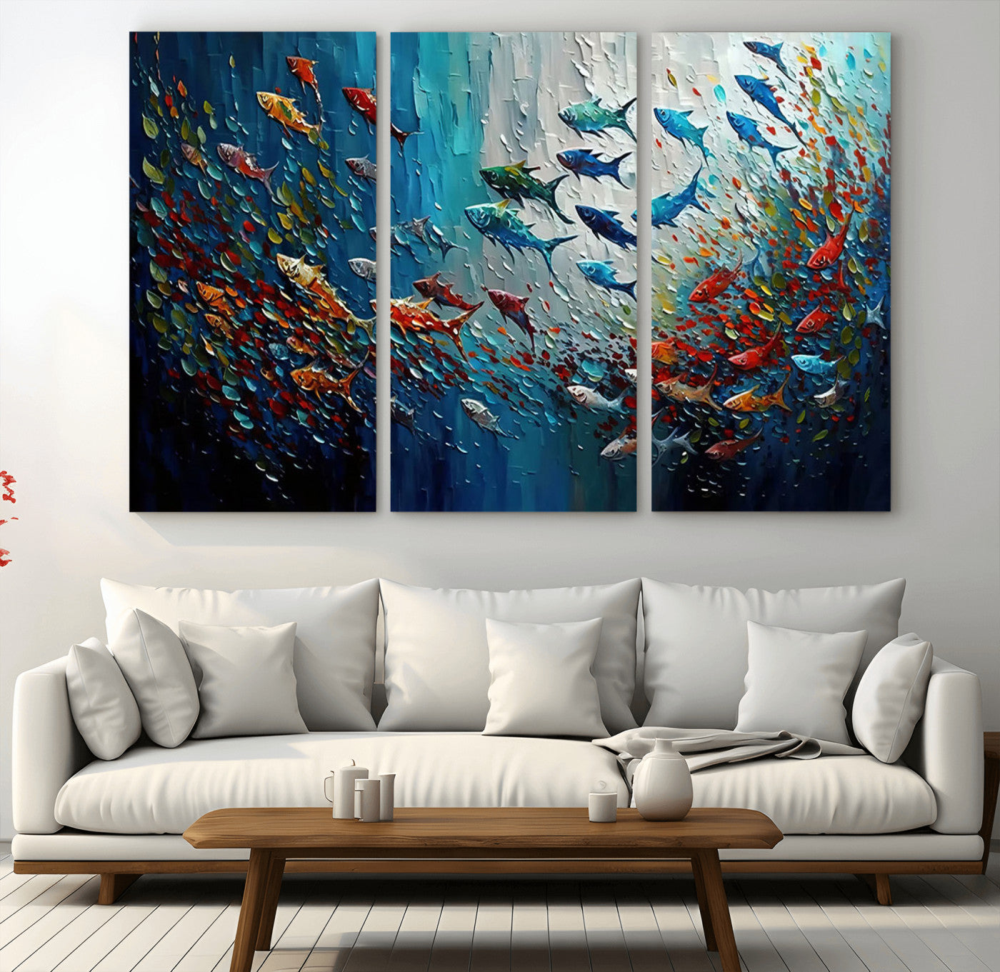 MGV-CV-48X32-3P - Modern Abstract Fish Shoal Wall Art Canvas Print, Colorful Fish Herd Painting on Canvas Print, Ocean