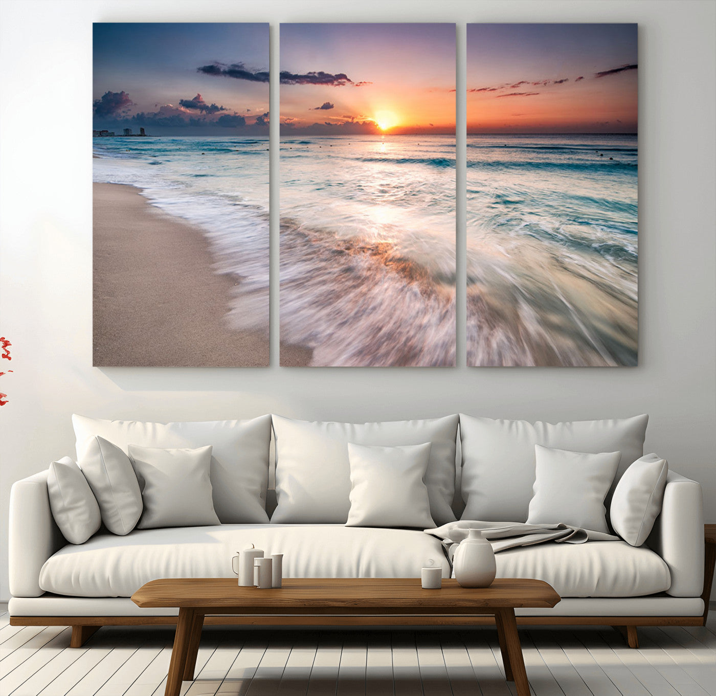 MGV-CV-48X32-3P - Sunset Beach Wall Art – Soothing Coastal Landscape, Ready to Hang for Tranquil Home Decor