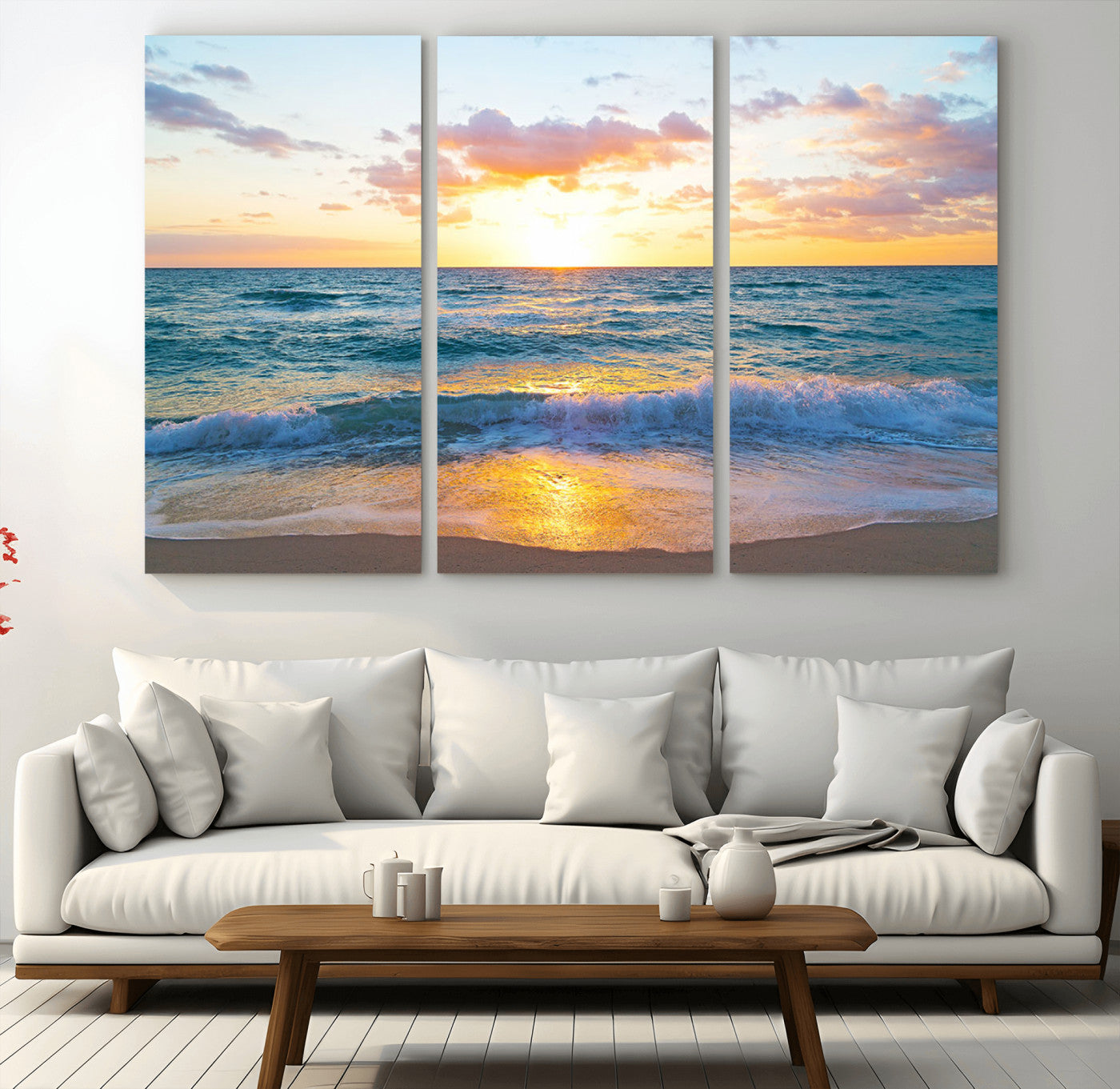 MGV-CV-48X32-3P - Golden Sunset Over Ocean Waves - Serene Coastal Triptych Wall Art for Relaxing Home Decor, Ready to