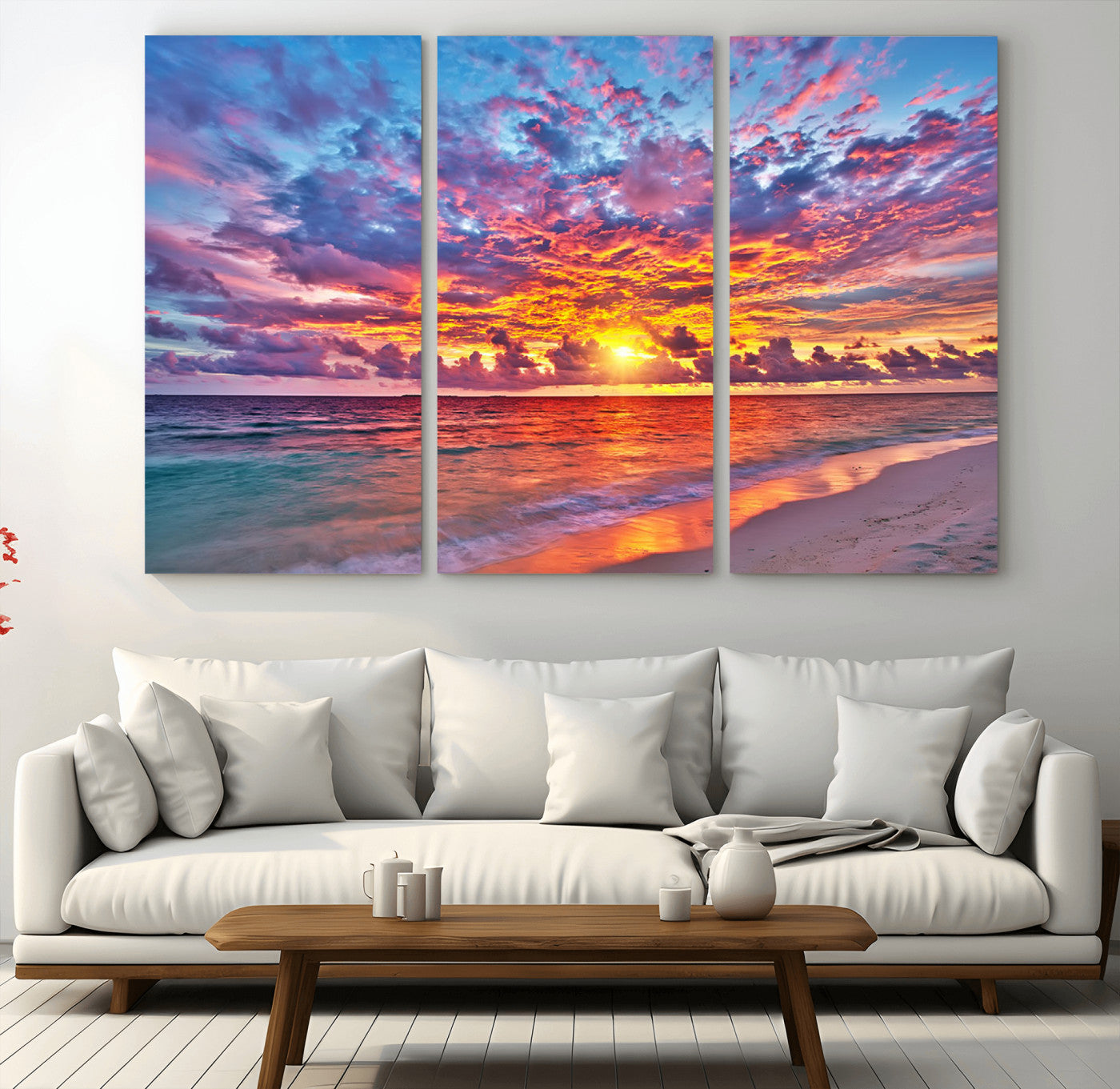 MGV-CV-48X32-3P - Vibrant Sunset Beach Wall Art - Ocean Sunset Canvas Print | Coastal Wall Art Decor Stunning Sunset