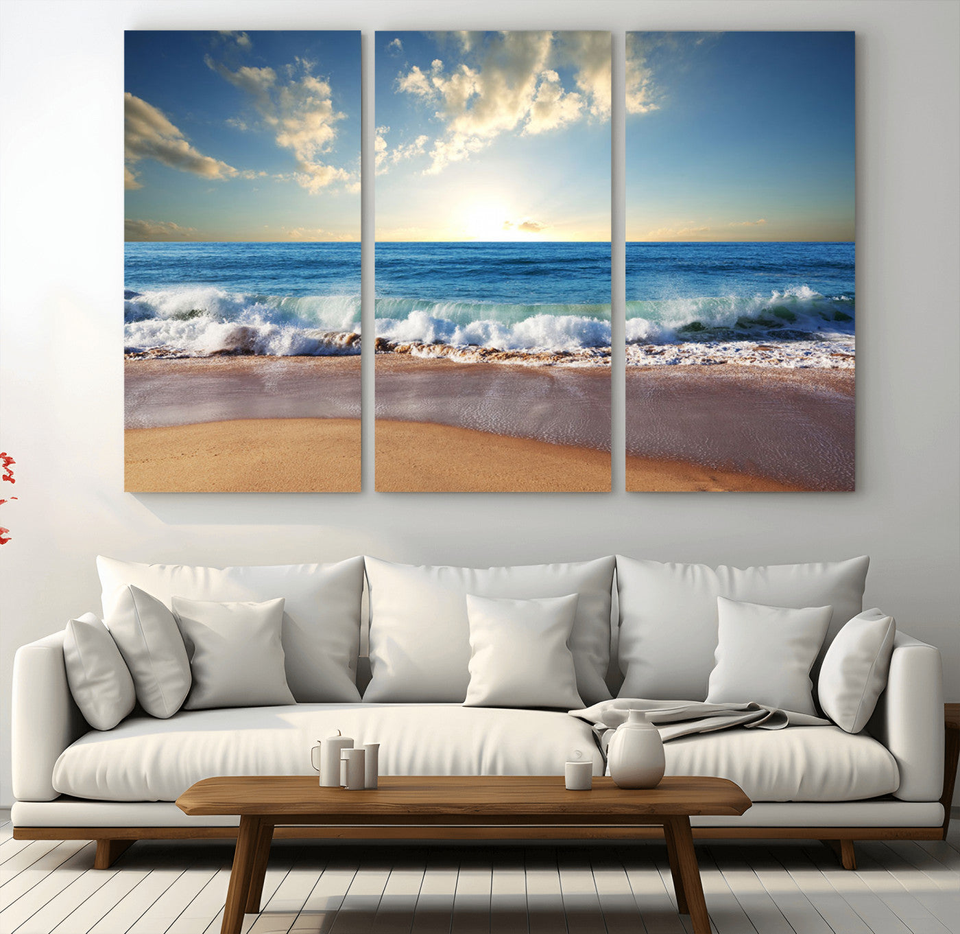 MGV-CV-48X32-3P - Serene Ocean Sunset Canvas Wall Art - Beach Waves at Sunset, Ready to Hang