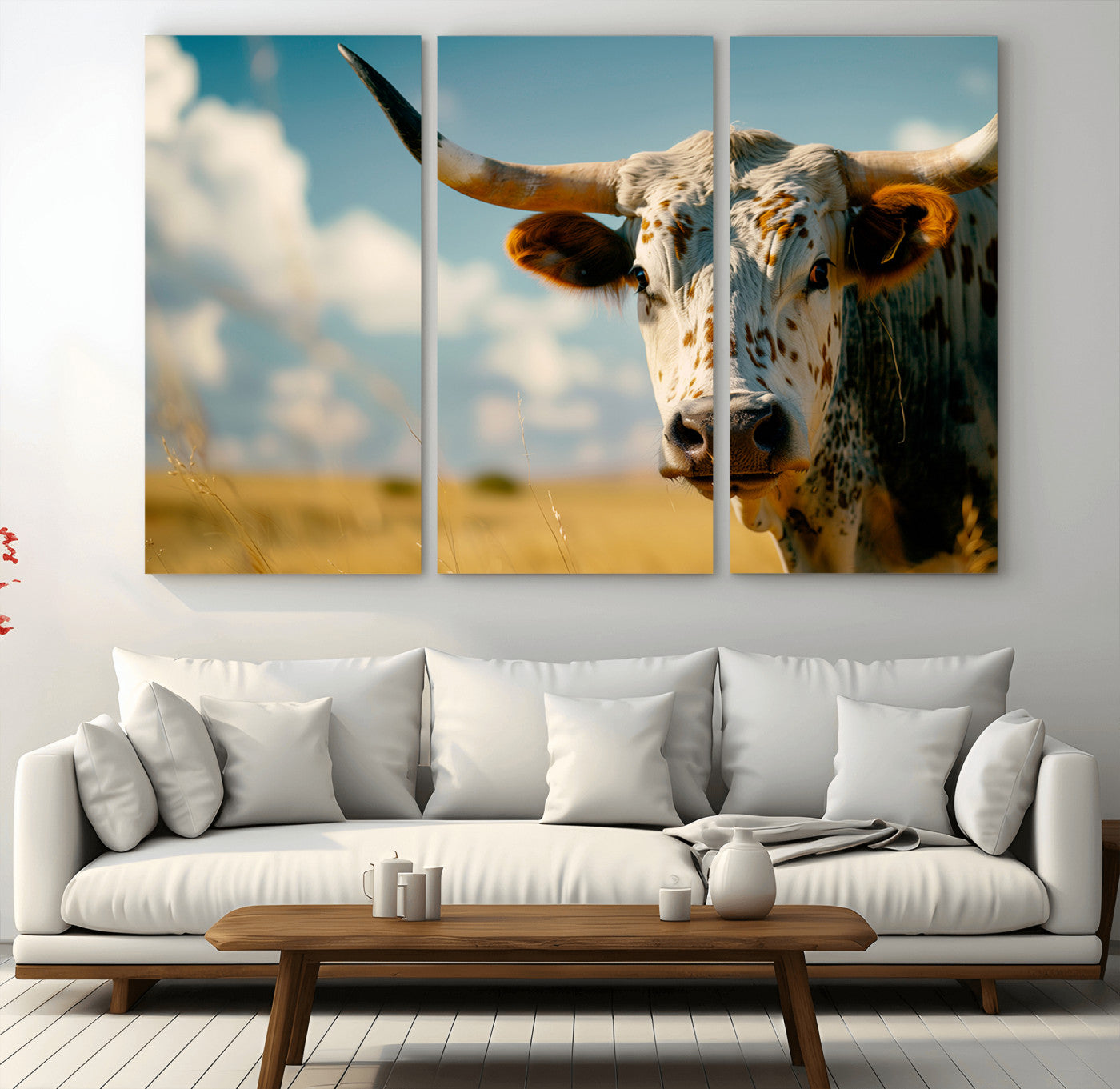 MGV-CV-48X32-3P - Longhorn in the Prairie - Stunning Ranch-Style Triptych Wall Art for Western Home Decor, Cowboy Wall