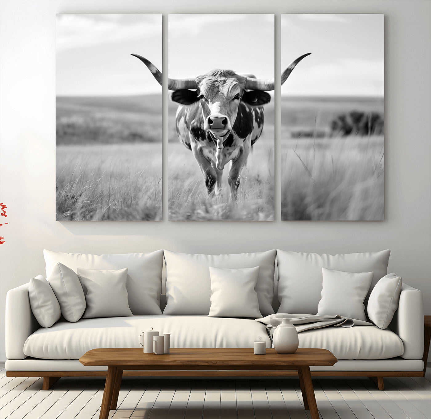 MGV-CV-48X32-3P - Texas Cow Longhorn Wall Art Canvas Print for Farm House Wall Decor, Farmhouse Wall Art Print