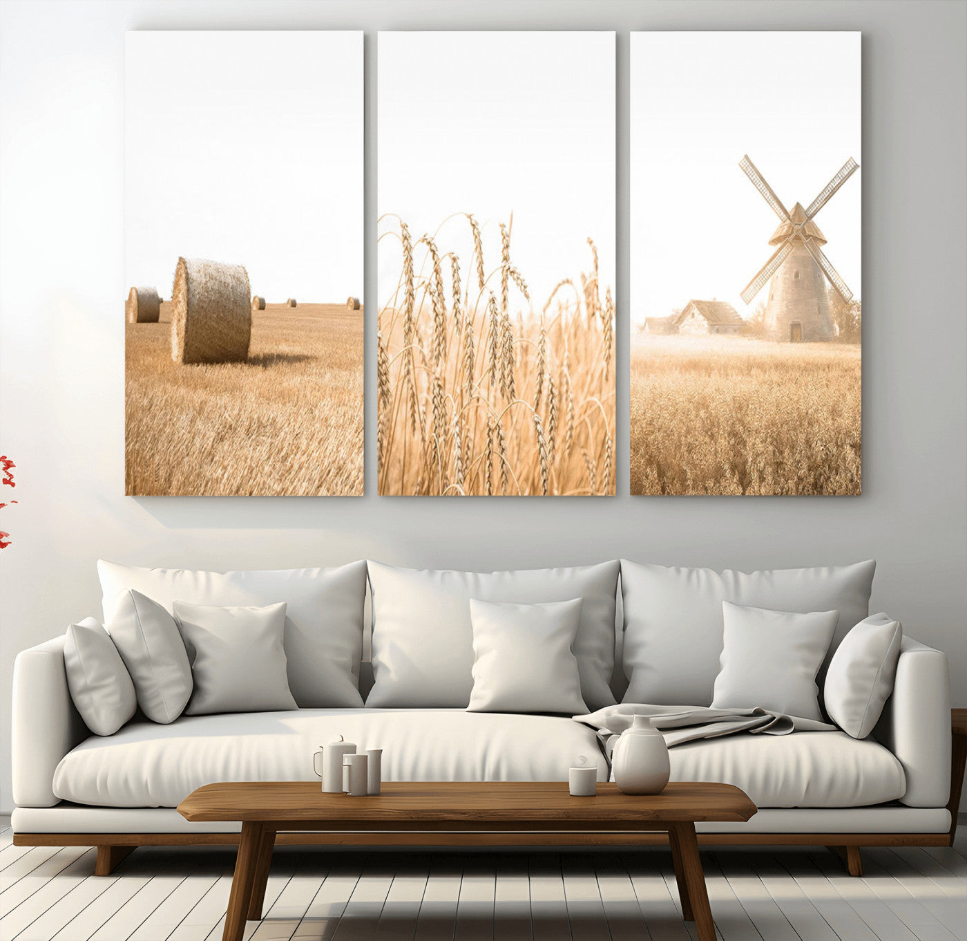 88780-MGV-CV-36X24-Vintage Farmhouse Triptych Wall Art – Giclée Canvas Featuring Wheat Fields, Hay Bales, and a