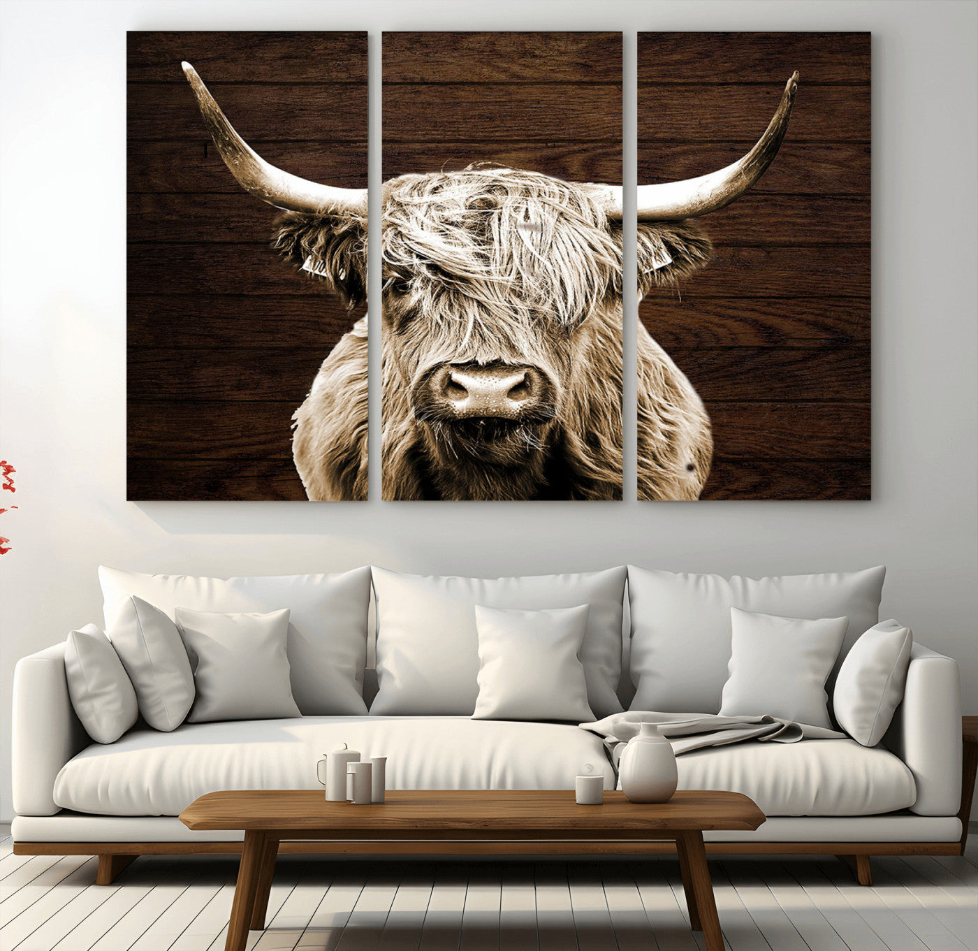 MGV-CV-48X32-3P - Highland Cow Wall Art Canvas Print, Rustic Farmhouse Decor, Majestic Scottish Highland Bull Portrait