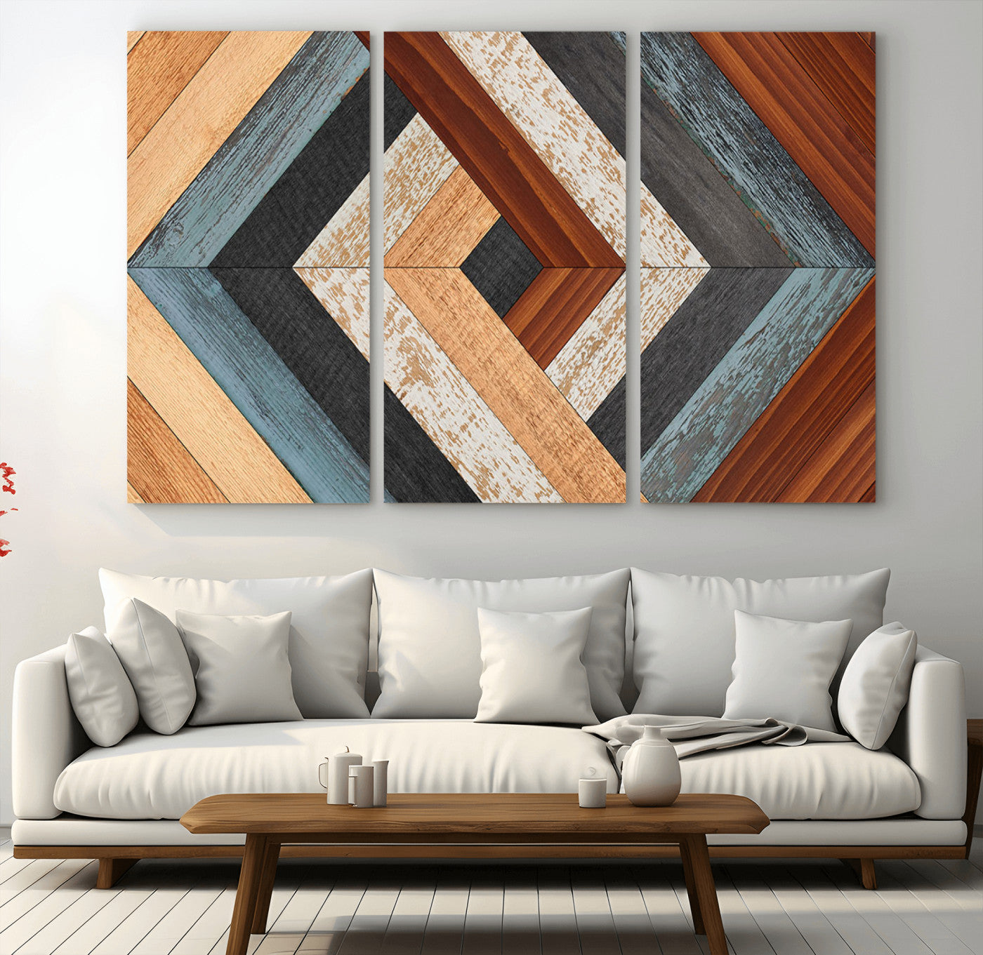 MGV-CV-48X32-3P - Geometric Wood Art Wall Decor Canvas Print, Rustic Wooden Pattern Triptych Wall Art for Living Room