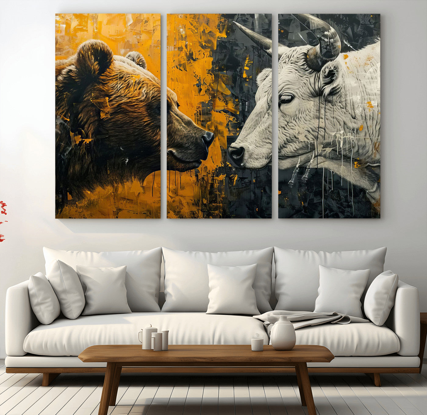 MGV-CV-48X32-3P - Bear and Bull Wall Art Canvas Print – Abstract Animal Portrait Painting for Modern Home Decor –