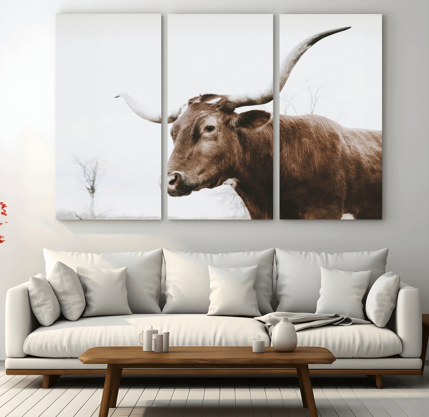MGV-CV-48X32-3P - Rustic Bull Wall Art Canvas Print – Modern Longhorn Farmhouse Animal Decor – Abstract Farm Cow