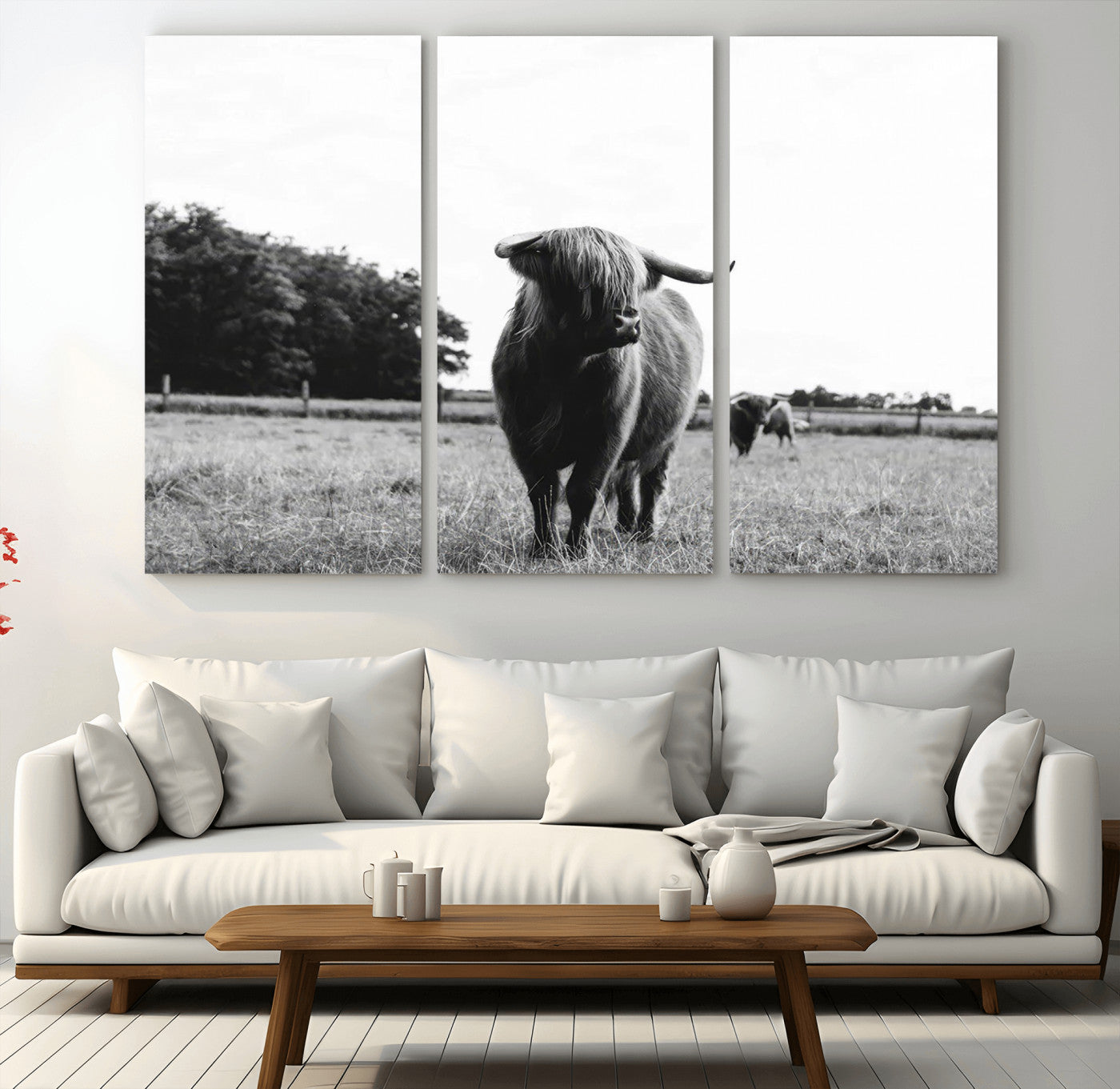 MGV-CV-48X32-3P - Black and White Highland Cow Wall Art Canvas Print | Rustic Western Decor for Living Room or Office,