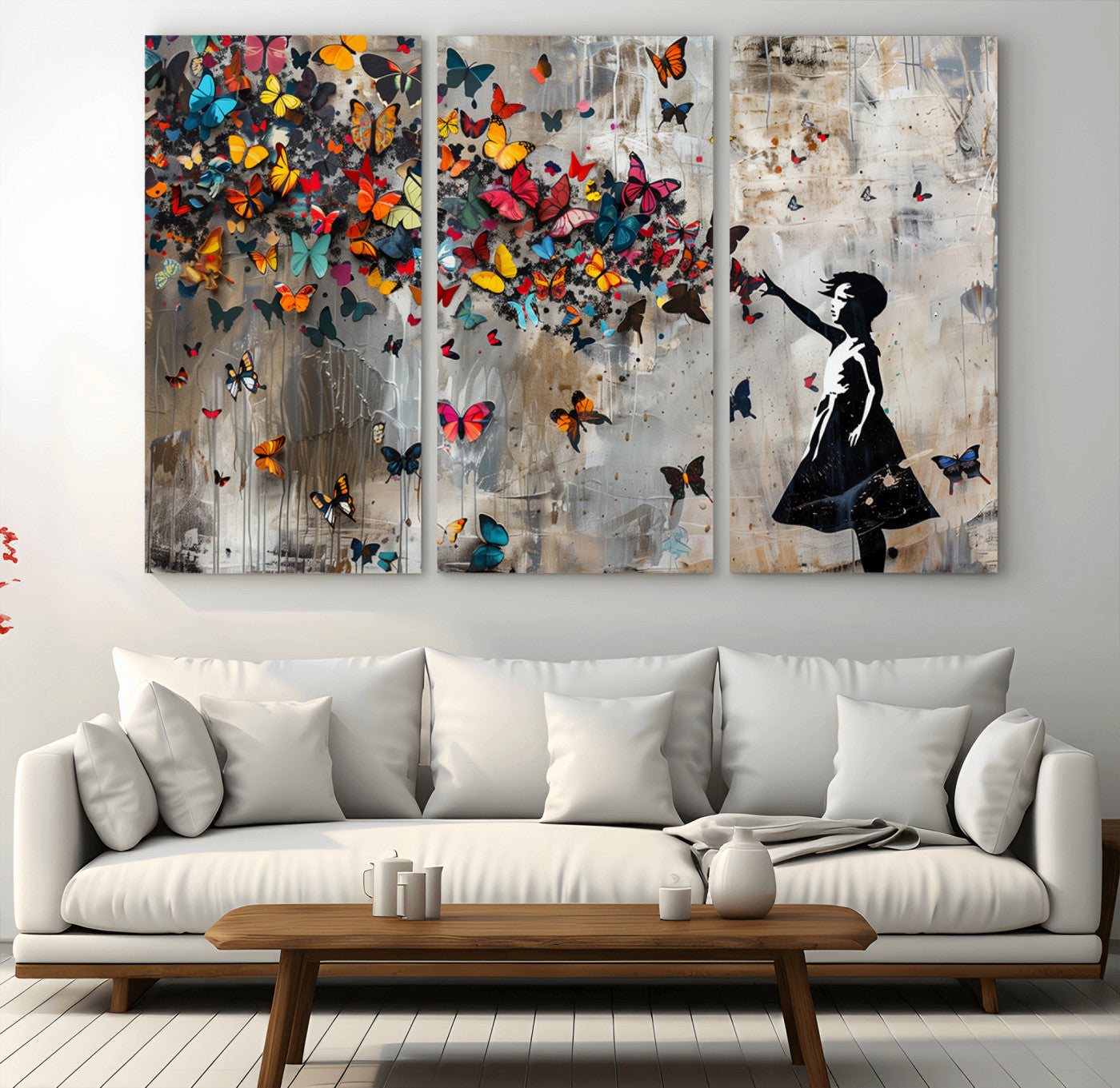 MGV-CV-48X32-3P - Banksy Wall Art - Banksy Girl and Butterfly Explosion Wall Art Canvas Print | Girl with Butterflies