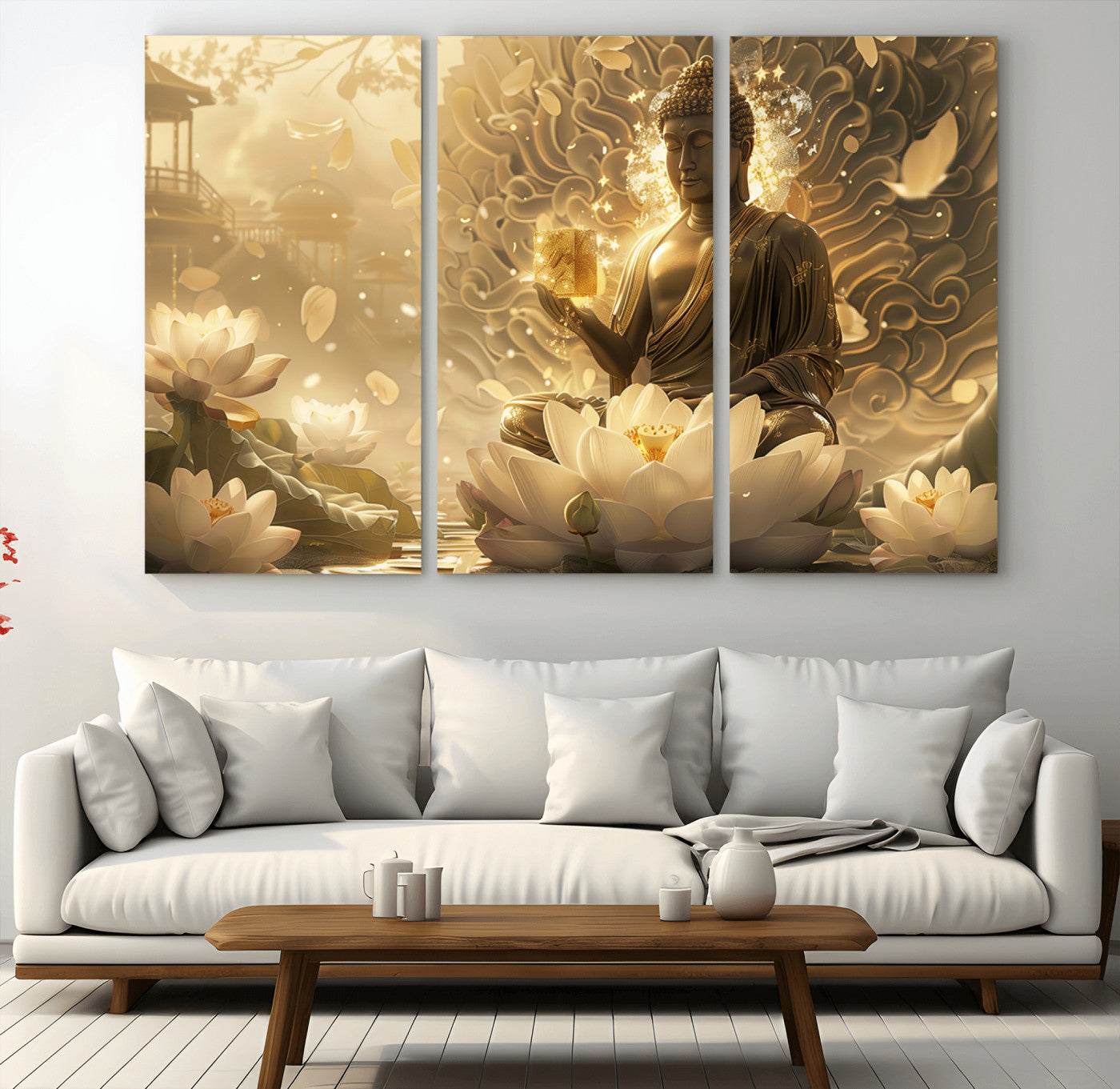 MGV-CV-48X32-3P - Golden Buddha Wall Art | Yoga Room Decor and Meditation Room Wall Art | Framed and Ready to Hang