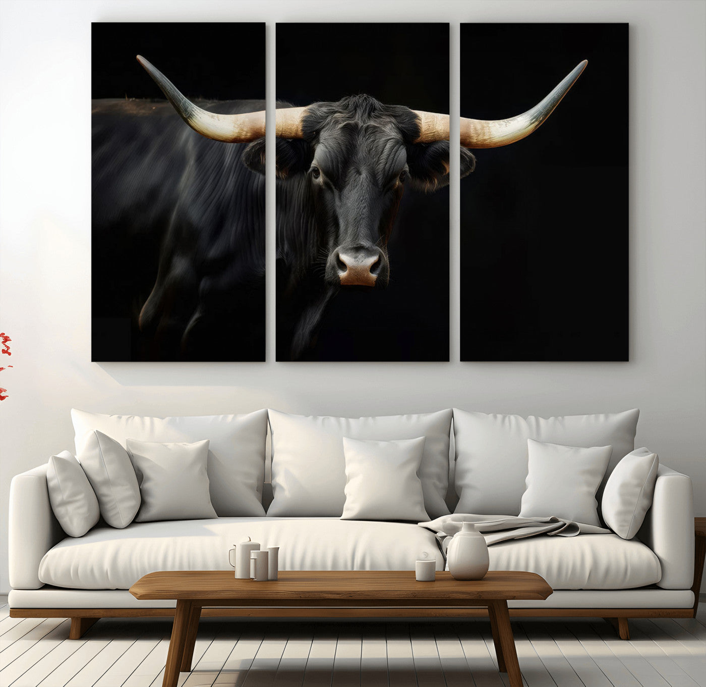 MGV-CV-48X32-3P - Texas Longhorn Cow | Majestic Black Bull Wall Art Canvas Print - Farmhouse Animal Decor - Ready to