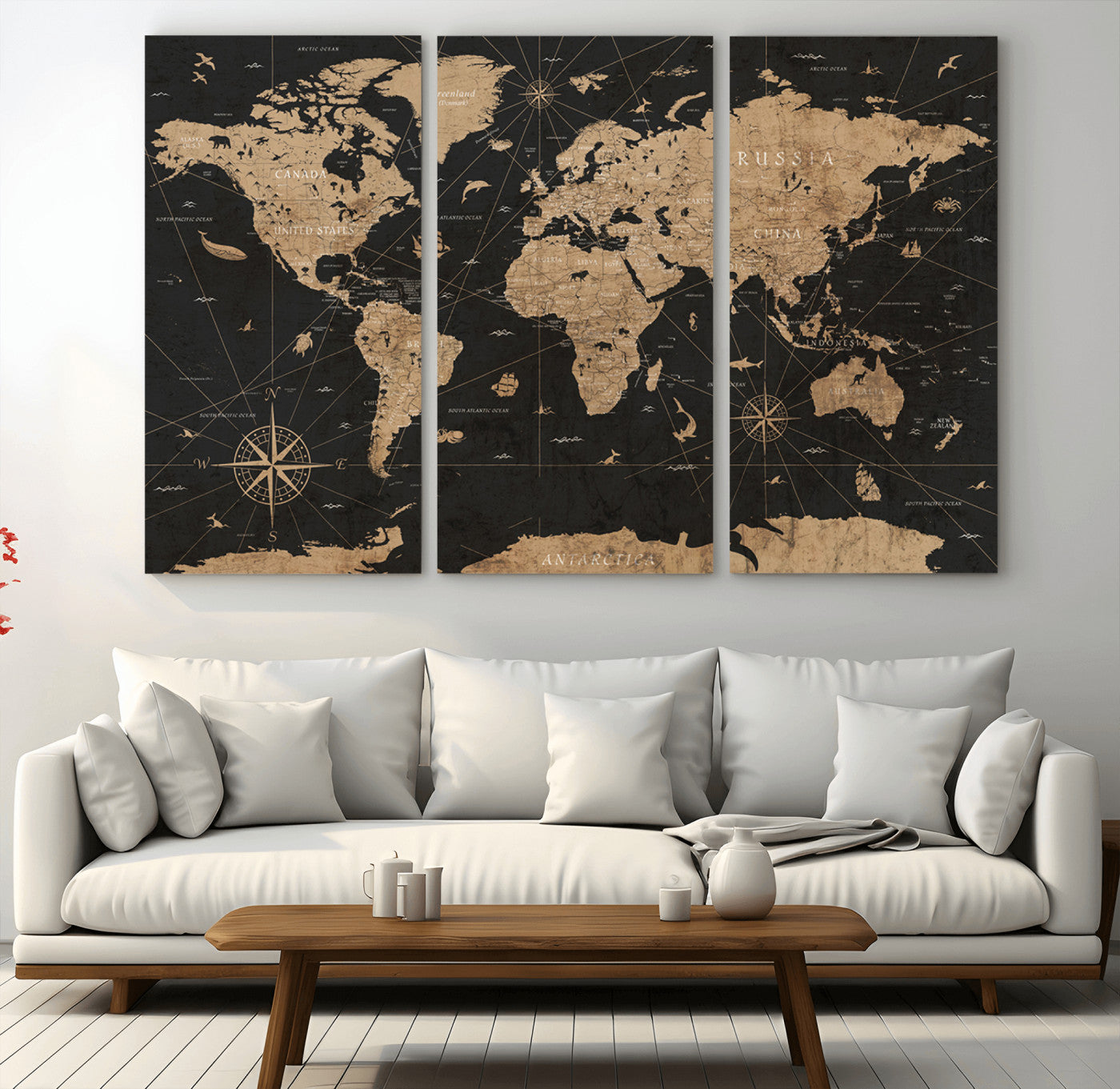 61023-MGV-CV-36X24-Vintage Push Pin World Map Canvas Print – Framed Travel Tracker Wall Art, Rustic Adventure Map Gift for Home or Office Decor