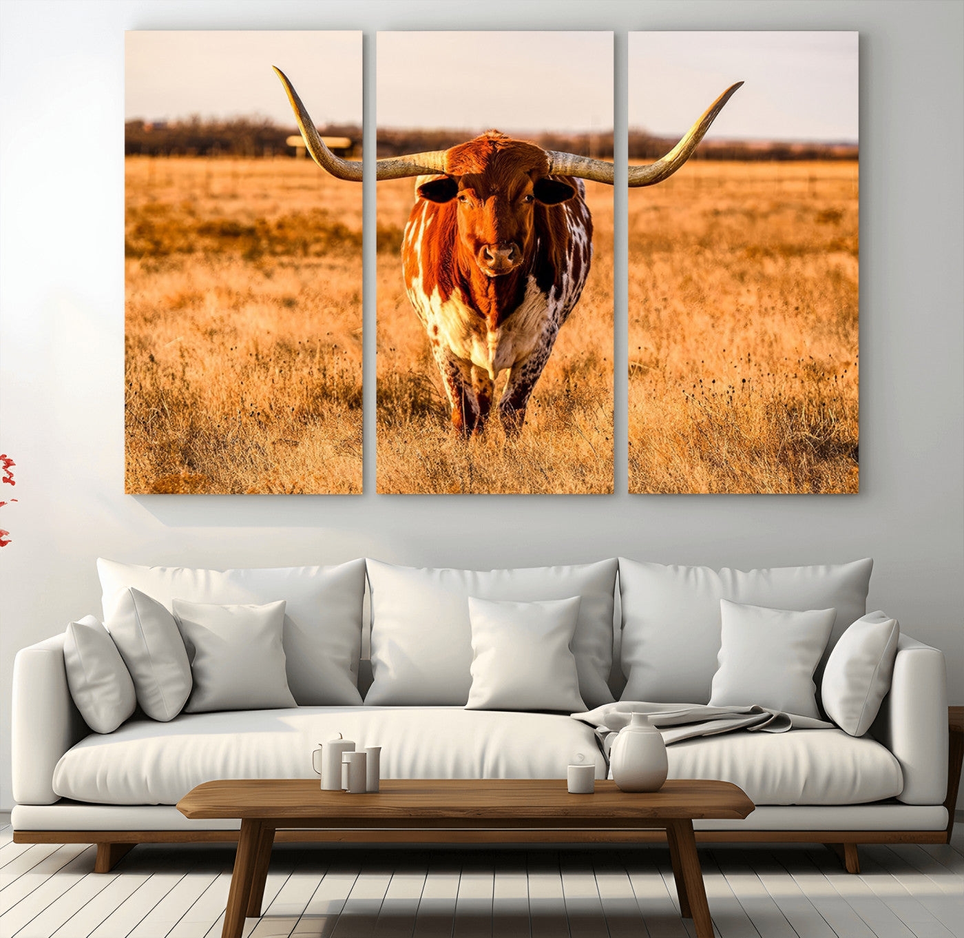 MGV-CV-48X32-3P - Longhorn Cow Wall Art | Ready to Hang Framed Canvas Print for Farmhouse and Barn Decor