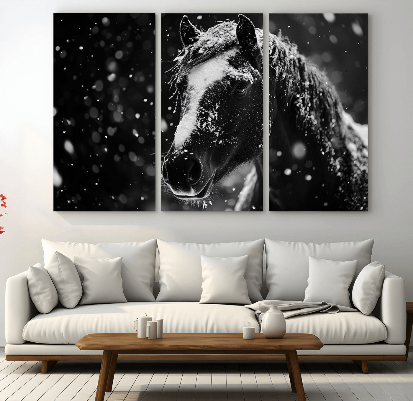 MGV-CV-48X32-3P - Winter Horse Wall Art | Black and White Horse Print | Ready to Hang and Framed | Farmhouse Wall Art
