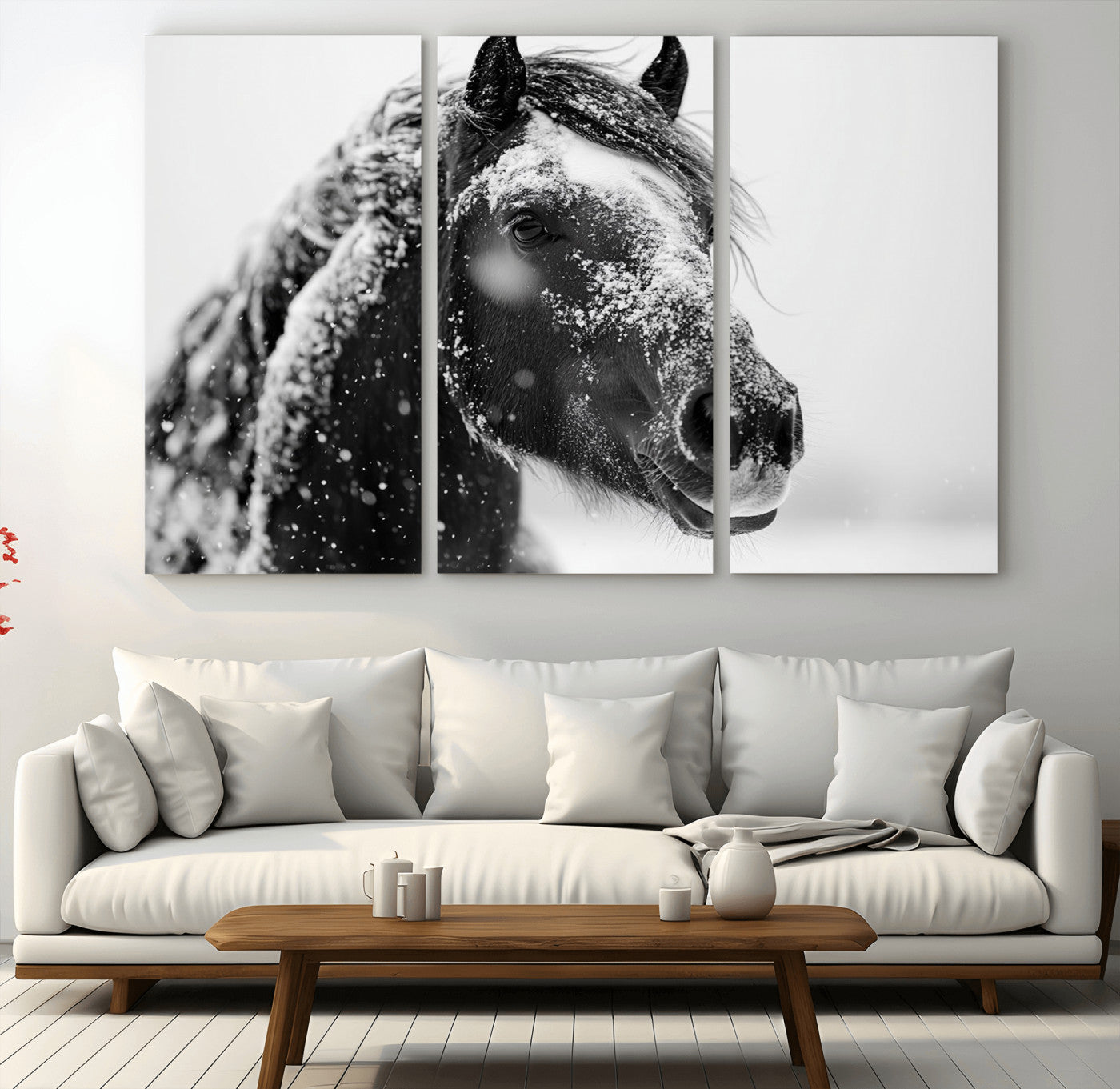 MGV-CV-48X32-3P - Winter Horse Canvas Print | Large 3-Panel Black White Equine Photography for Rustic Farmhouse Wall