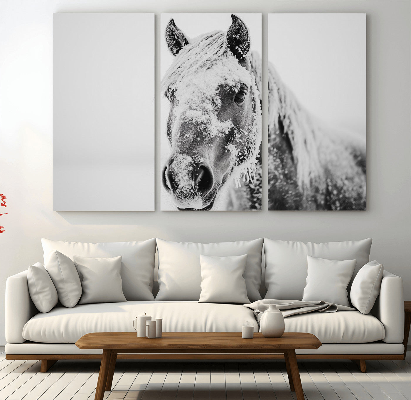 MGV-CV-48X32-3P - White Horse Wall Art | Ready to Hang and Framed | Winter Horse Wall Art Print for Farmhouse and