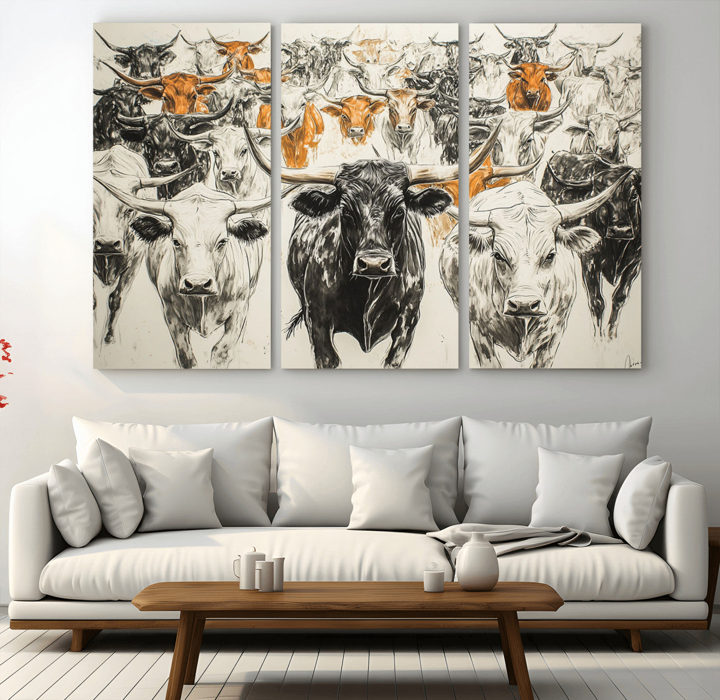 MGV-CV-48X32-3P - Farmhouse Wall Art | Western Longhorn Cattle Canvas Print | Ready to Hang and Framed Barn Decor