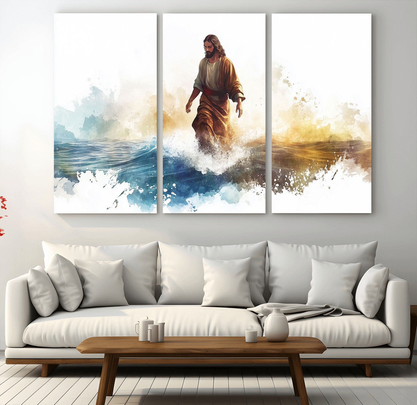 MGV-CV-48X32-3P - Watercolor Jesus Walking Wall Art Print, Jesus Water Canvas Print, Christian Wall Art, Jesus Christ