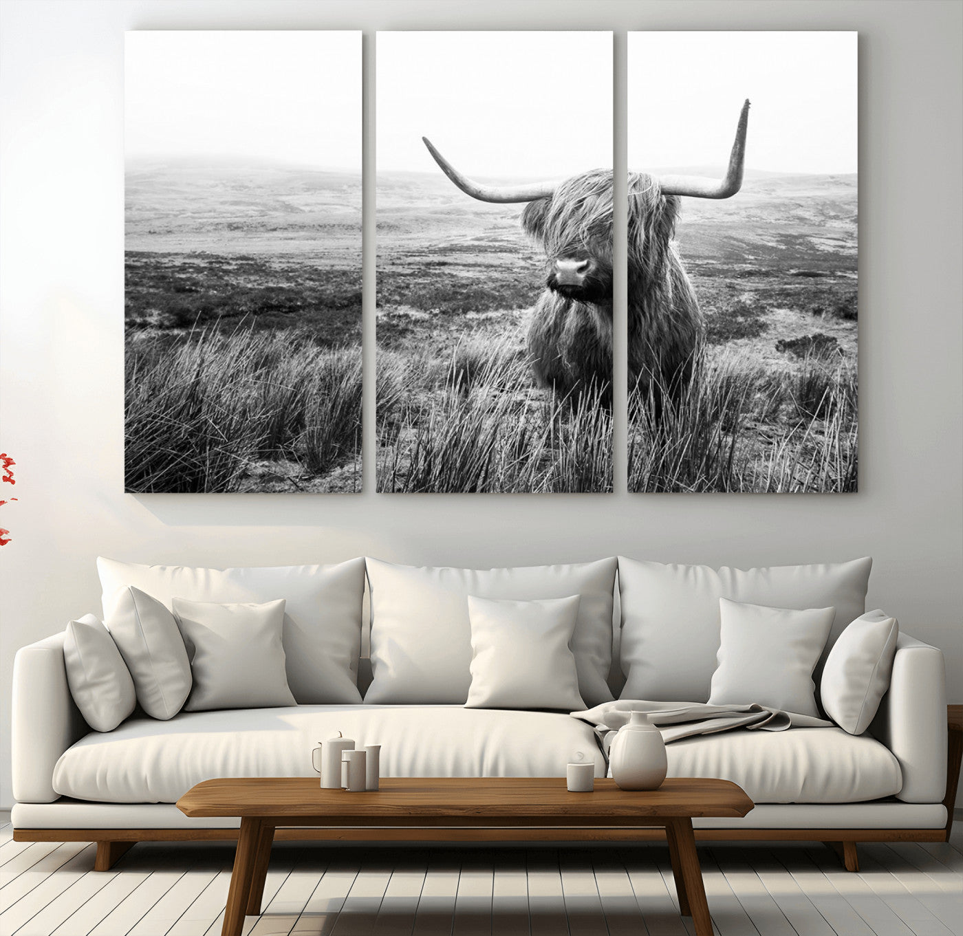 MGV-CV-48X32-3P - Scottish Highland Cow Wall Art | Black and White Canvas Print | Ready to Hang and Framed | Rustic
