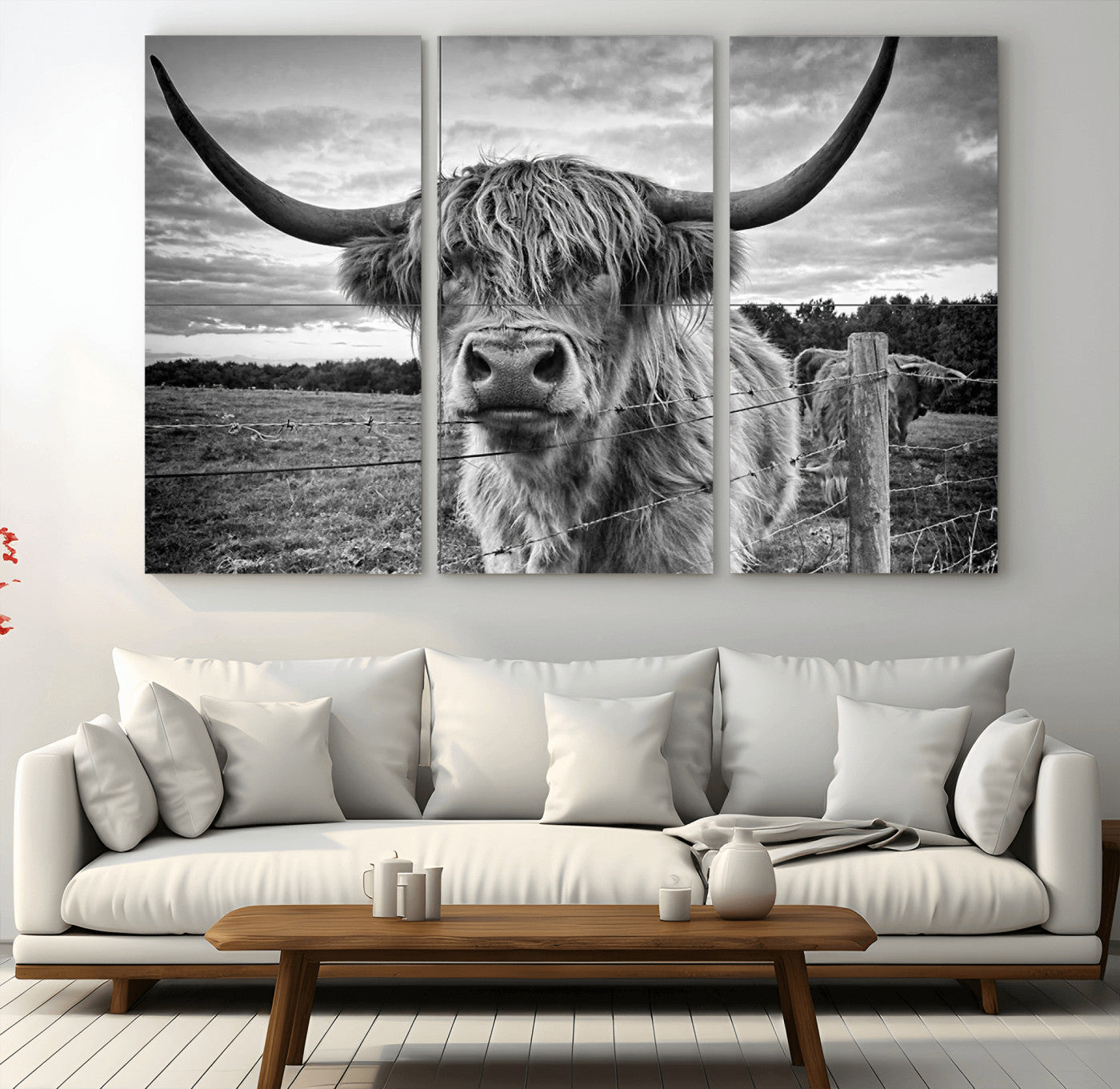 MGV-CV-48X32-3P - Scottish Highland Cow Canvas Wall Art Farmhouse Decor, Framed Scottish Highland Cow Print