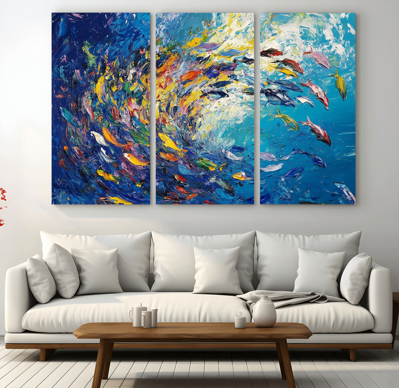 MGV-CV-48X32-3P - Colorful Swirling Fish School Wall Art Canvas Print | Oceanic Abstract Painting | Ready to Hang |