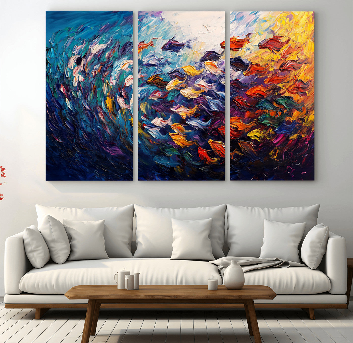 MGV-CV-48X32-3P - Vibrant Abstract Fish Swarm Art – Colorful Fish Inspired 3-Piece Canvas Wall Art for Living Room or