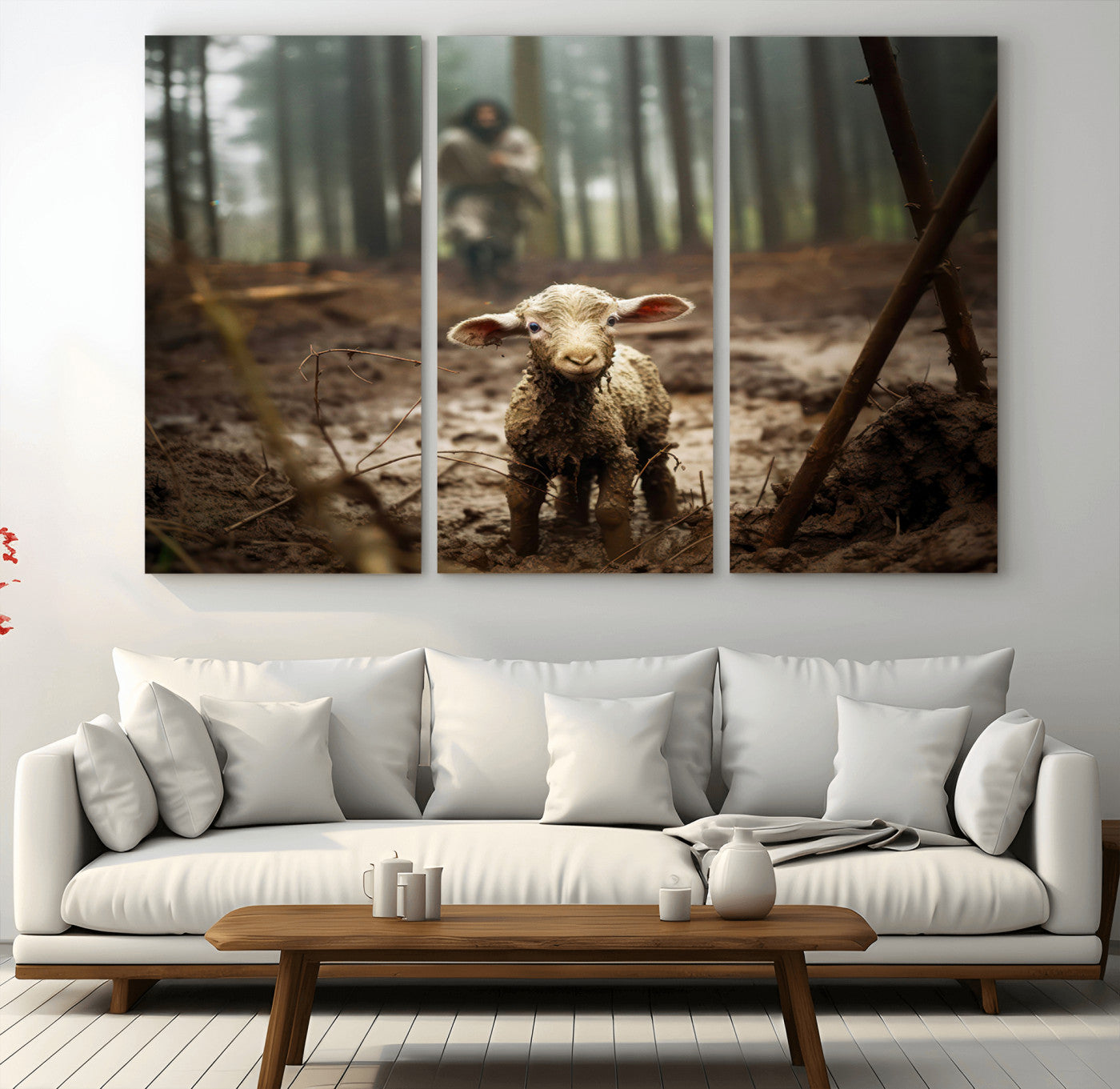 MGV-CV-48X32-3P - Jesus Running After a Lost Lamb Canvas Wall Art Print
