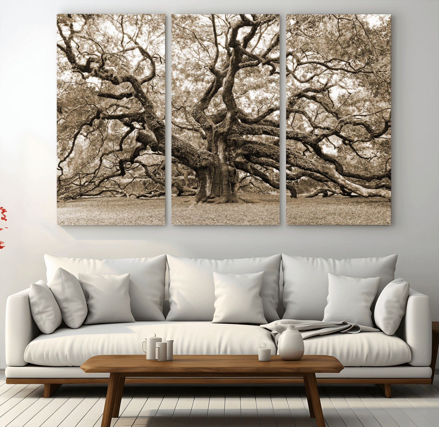 MGV-CV-48X32-3P - Sepia Framed Angel Oak Tree Wall Art - 3-Panel Canvas Prints, Large Green Nature Artwork, Ready to