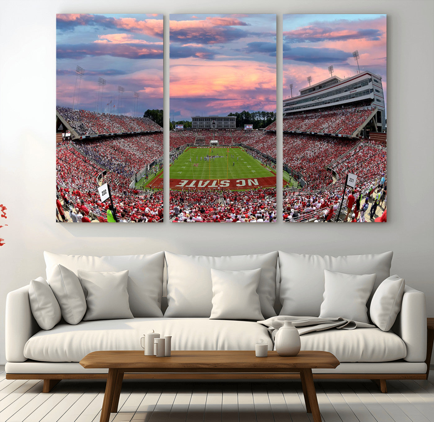 75072-MGV-CV-36X24-Carter-Finley Stadium Art Sunset Game Triple Canvas Wall Art - NC State Wolfpack Football Match