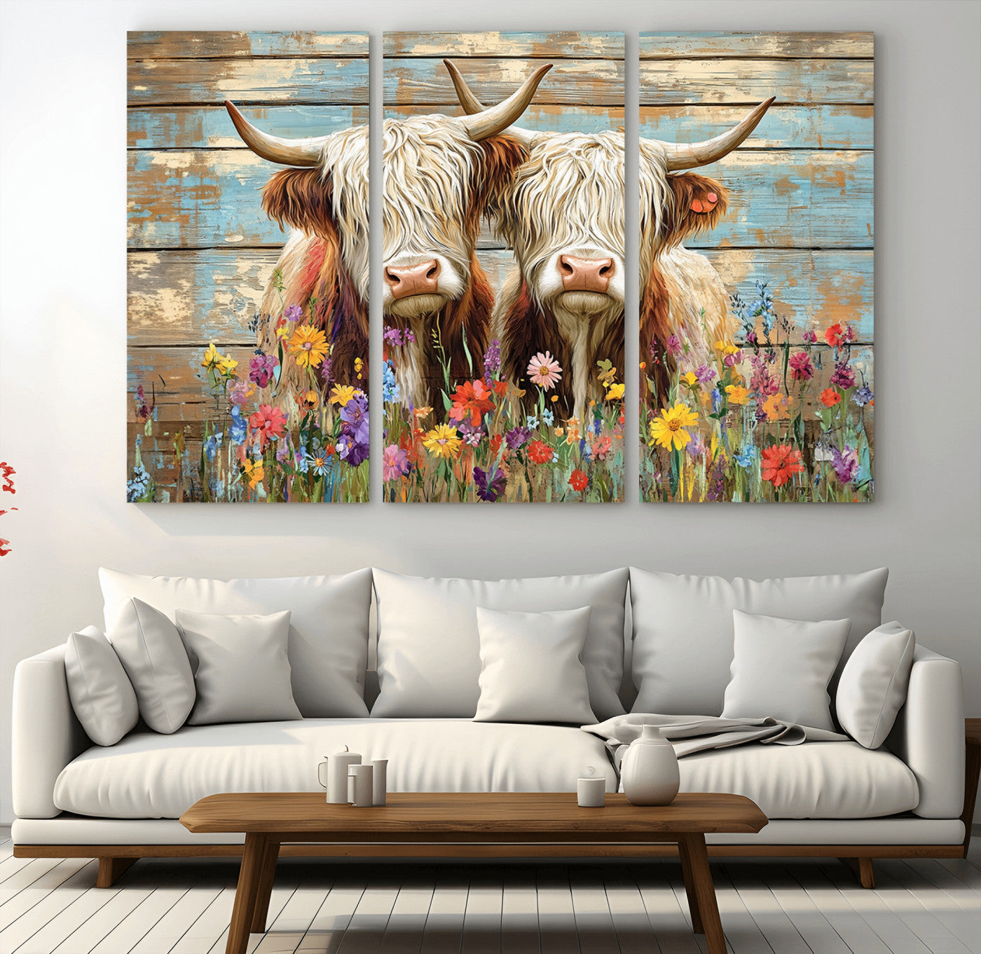 36972-MGV-CV-48X32-3P-Cute Highland Cow Canvas Wall Art - Rustic Farmhouse Decor with Colorful Flowers Perfect Wall Art