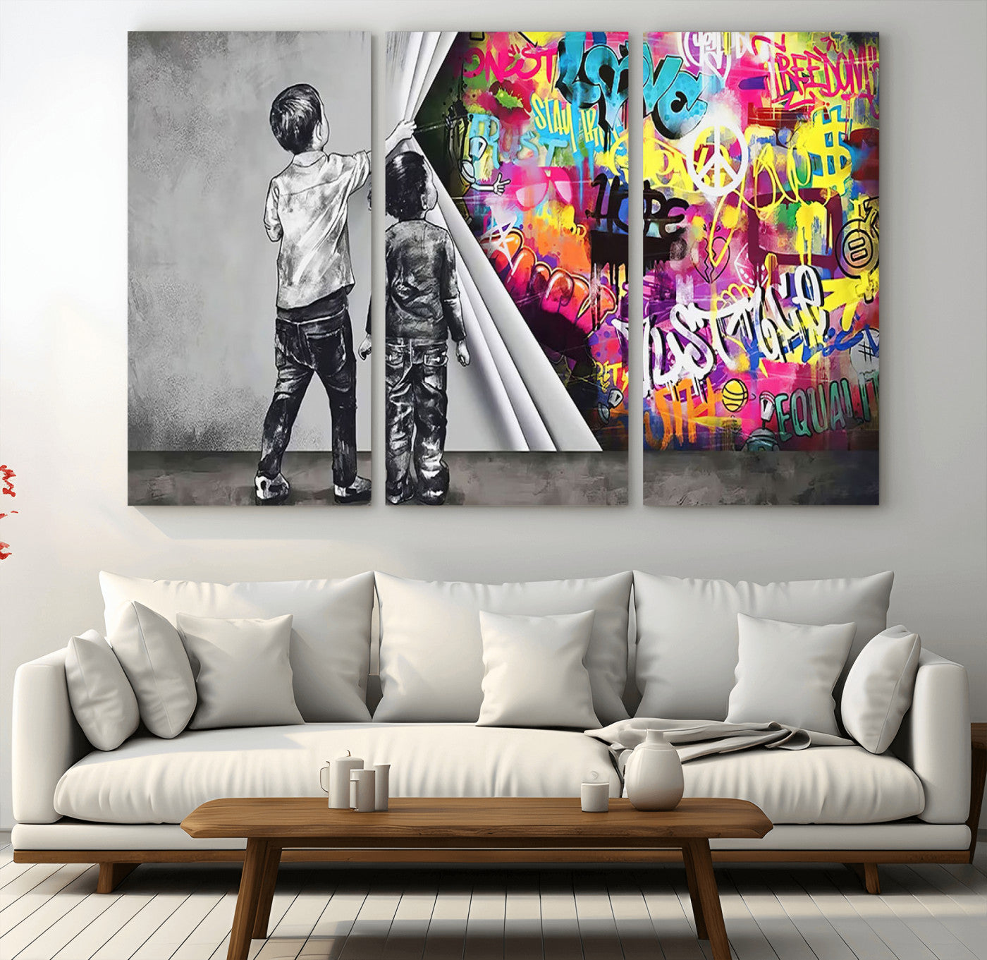 MGV-CV-48X32-3P - Banksy Print - Street Art Canvas Wall Art - Kids Revealing Graffiti, Urban Modern Decor for Living