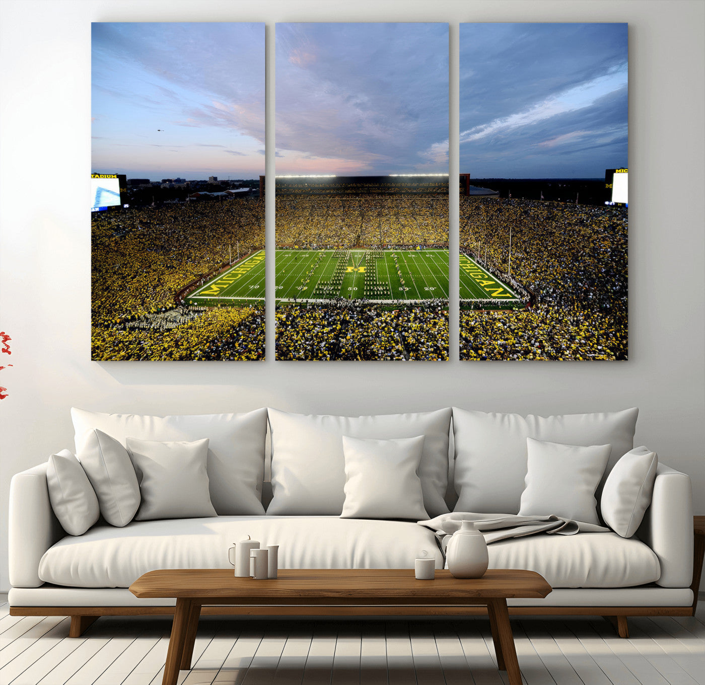 82641-MGV-CV-48X32-3P - Michigan Stadium Wall Art Canvas Print, Vibrant Game Day Crowd and Sunset Sky Football Field Artwork for Home, Office