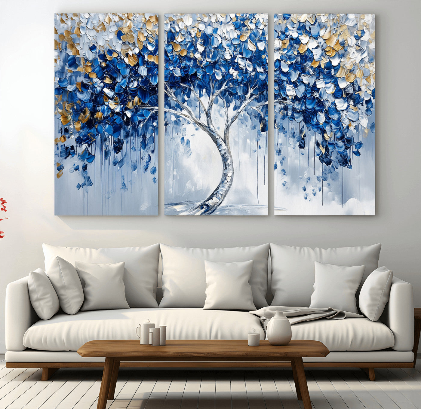 MGV-CV-48X32-3P - Blue and Gold Abstract Tree Wall Art Canvas Print | Modern Tree of Life Painting | Framed Canvas