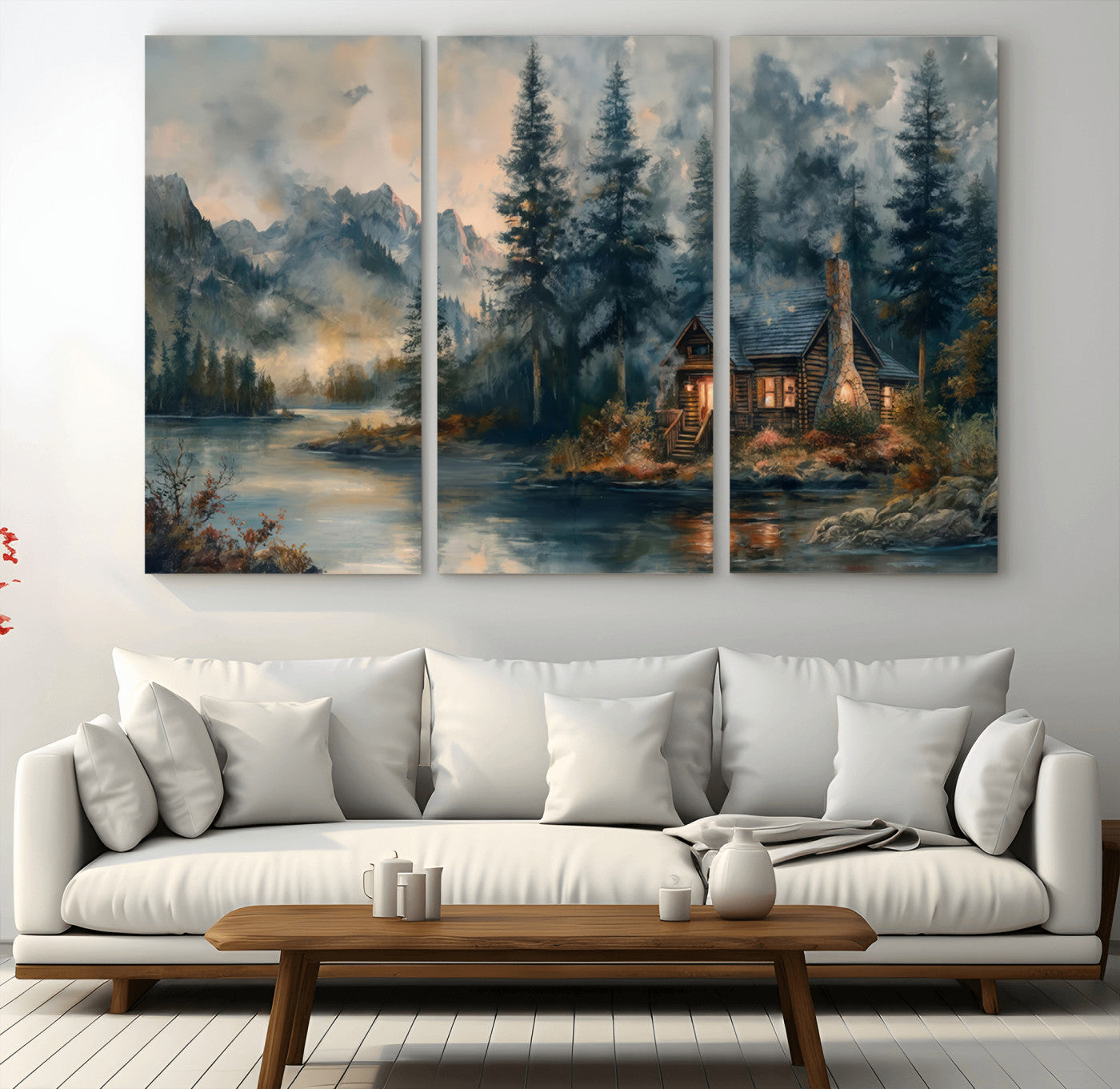 MGV-CV-48X32-3P - Rustic Cabin Woods Wall Art Print | Lake in a Forest Canvas Print | Cabin, Lodge, and Farmhouse