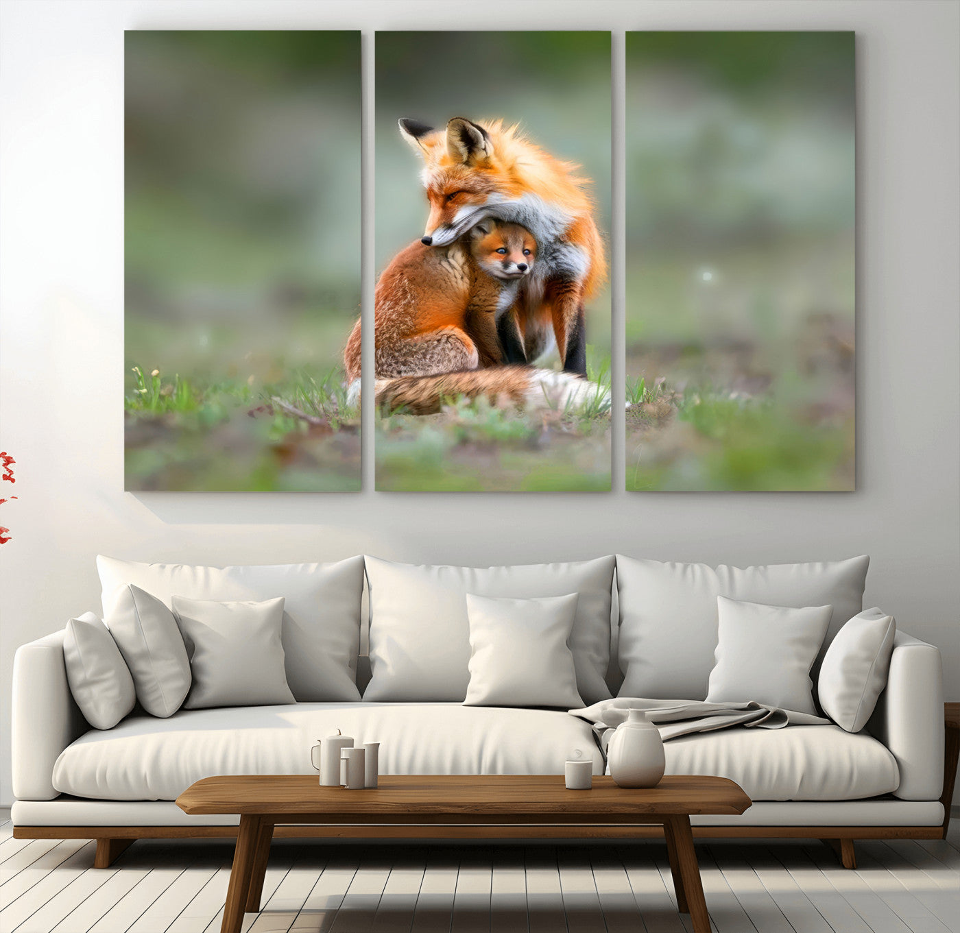 MGV-CV-48X32-3P - Heartwarming Fox and Baby Cub Wall Art | Ready to Hang Canvas Print of Foxes in Nature | Perfect for