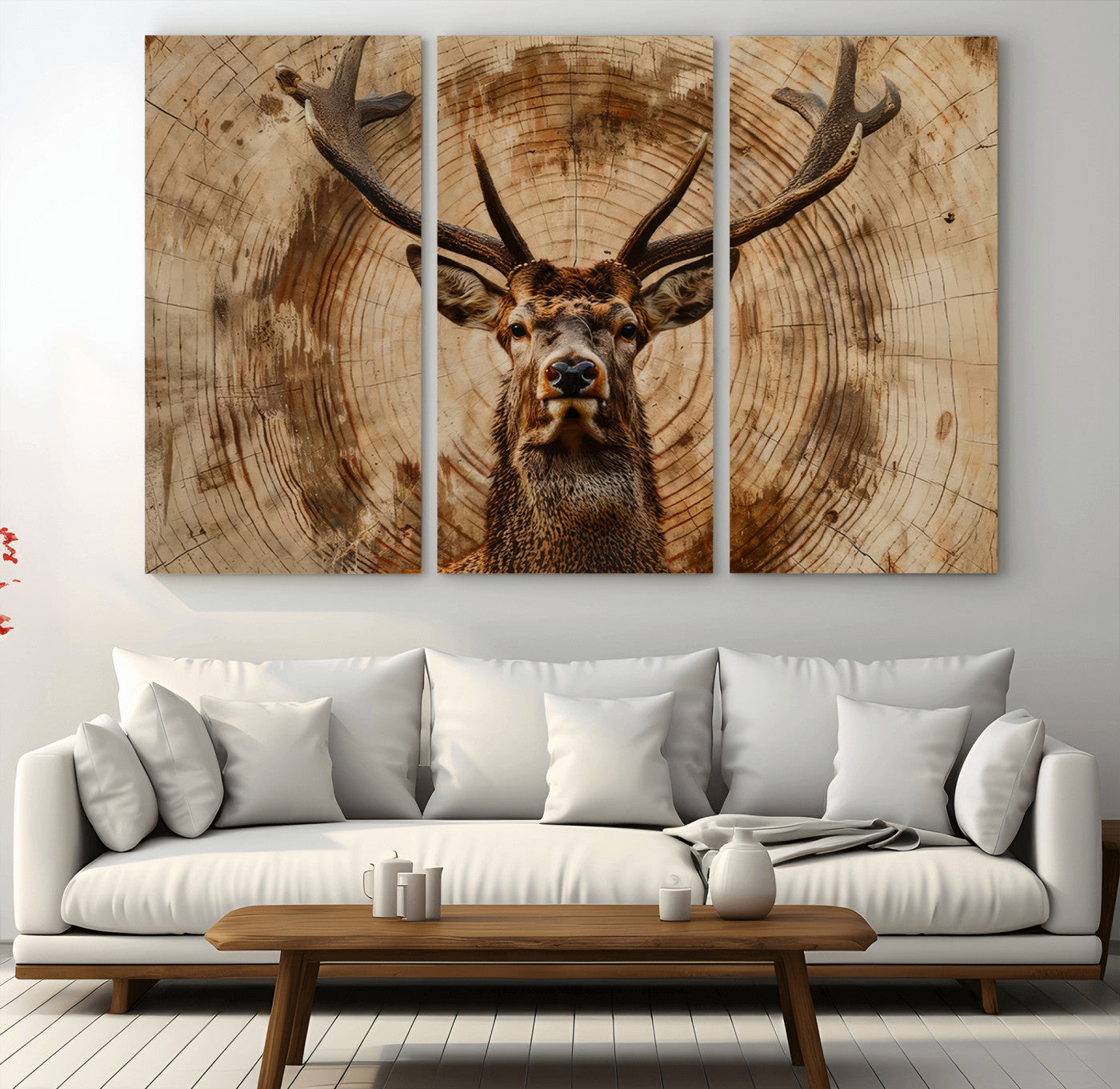 19375-MGV-CV-36X24-Wood Abstract Deer Wall Art | Rustic Wildlife Canvas Print | Ready to Hang Stag Head Triptych for