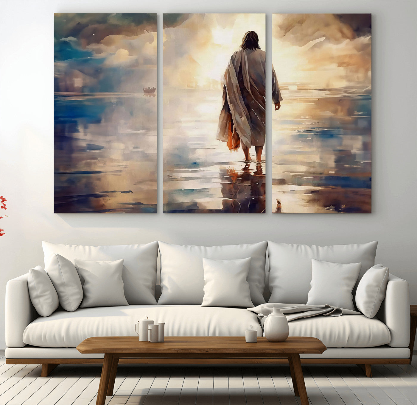 MGV-CV-48X32-3P - Jesus Walking on Water Wall Art | Ready to Hang Spiritual Triptych Canvas Print | Inspirational