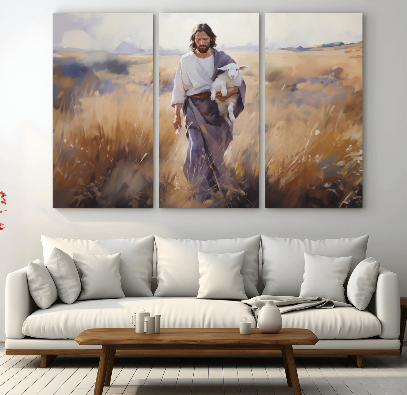 MGV-CV-48X32-3P - Jesus the Good Shepherd Wall Art Canvas Print - Lost Lamb Print for Prayer Room Decor