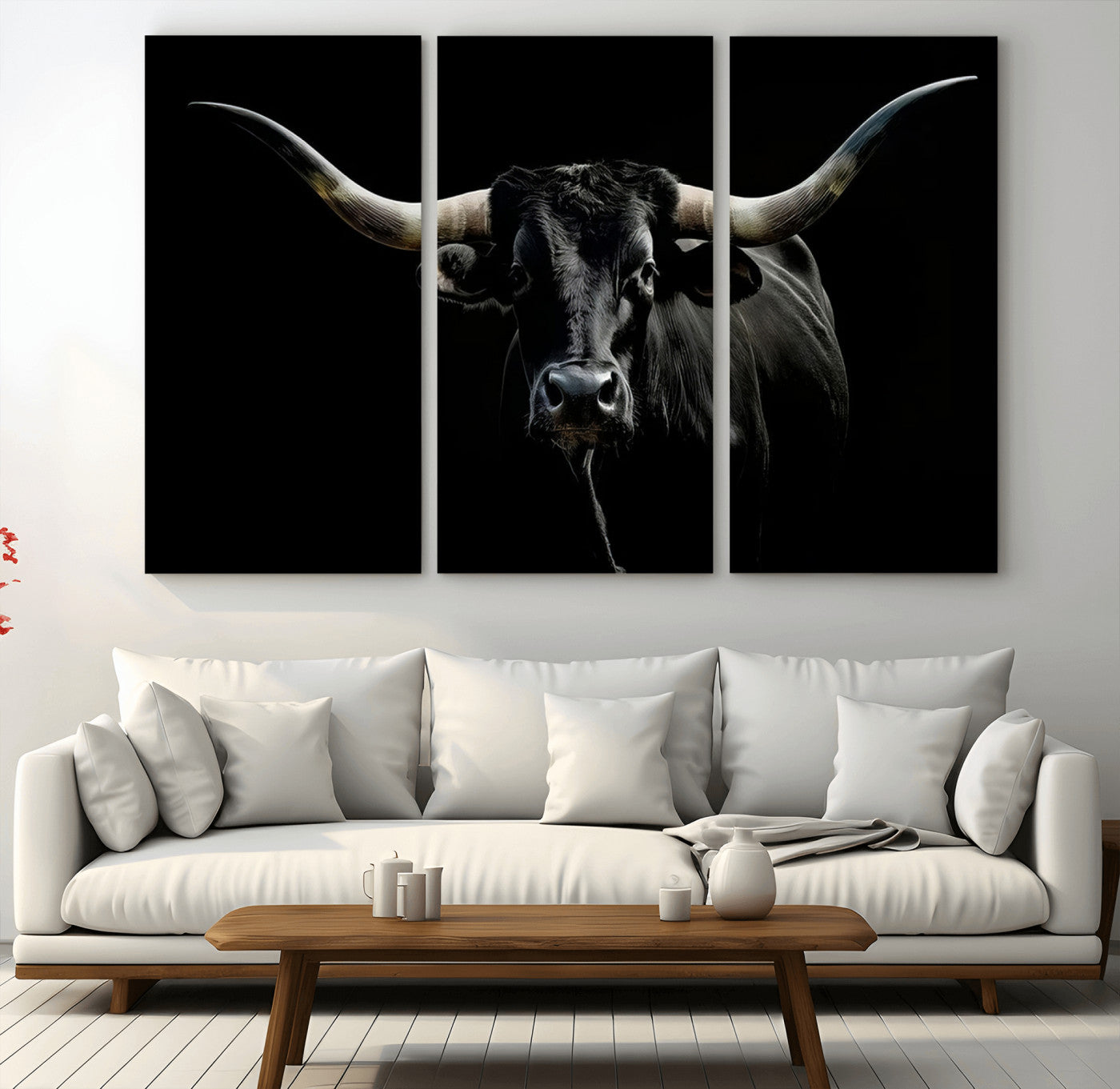 MGV-CV-48X32-3P - Texas Black Longhorn Bull Wall Art Canvas Print - Western Texas Cattle Rustic Decor Print - Longhorn