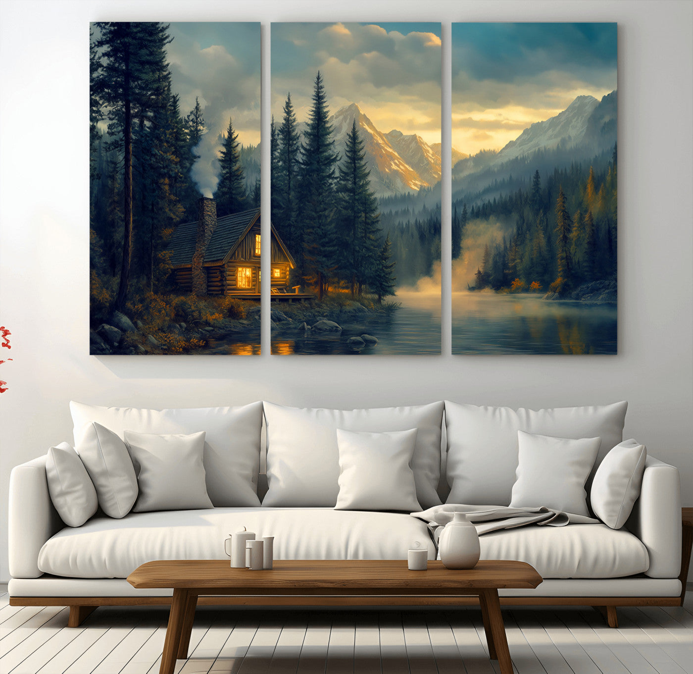 MGV-CV-48X32-3P - Mountain Cabin by the Lake at Sunset Wall Art - Serene Nature Canvas Print for Living Room Decor,