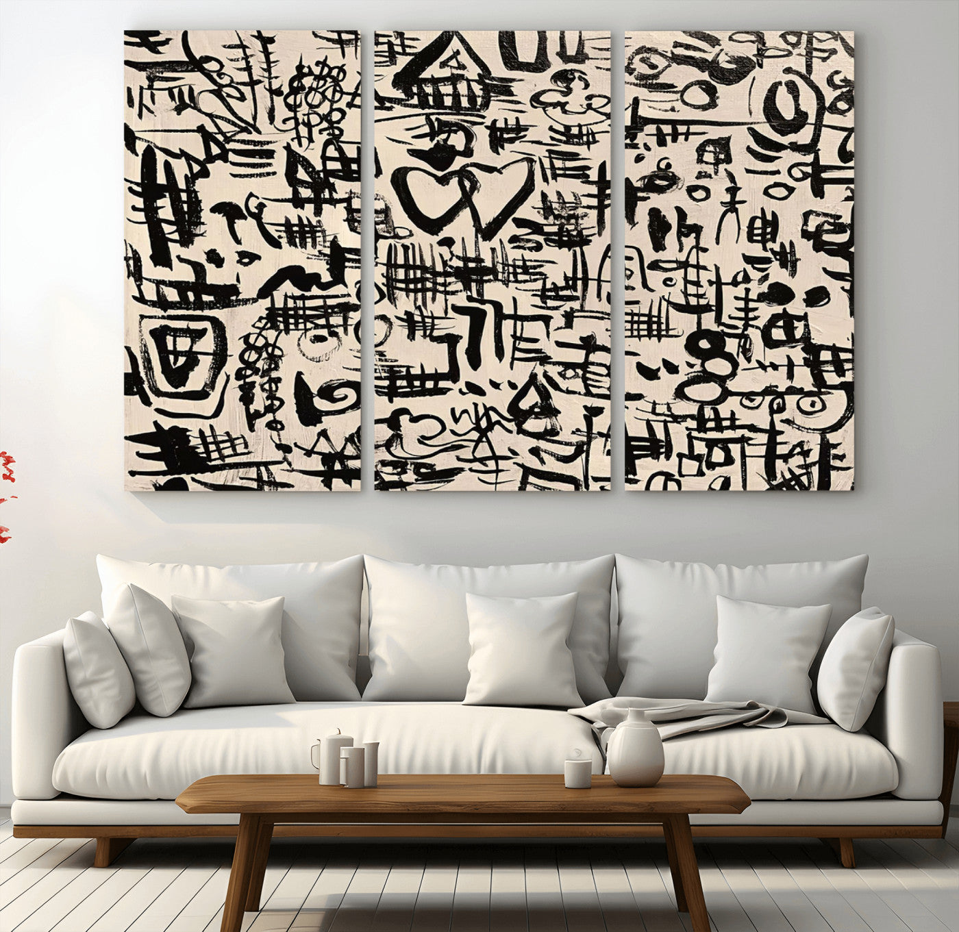68273-MGV-CV-48X32-3P - Abstract Love and Chaos Canvas Print, Black Symbols on Beige
