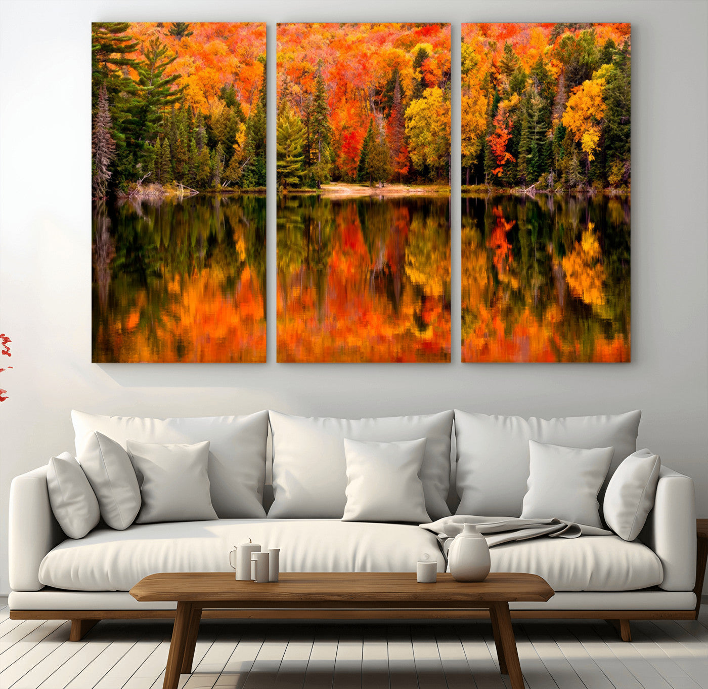 MGV-CV-48X32-3P - Forest Reflection Art | Autumn Forest Reflection Wall Art | Triptych Canvas Print | Vibrant Fall