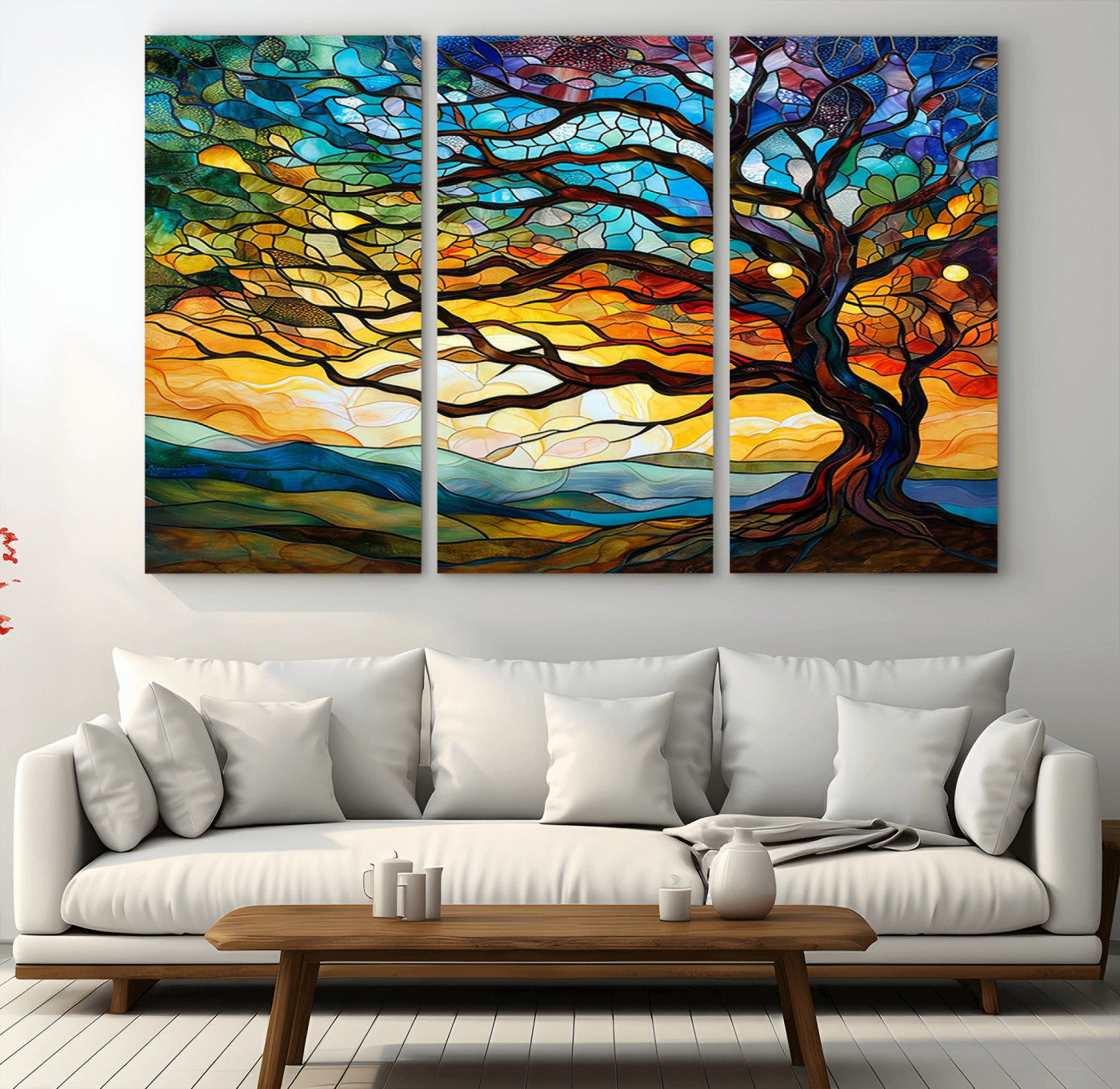 MGV-CV-48X32-3P - Vibrant Mosaic Tree of Life Wall Art | Stained Glass Style Canvas Print | Ready to Hang Artistic